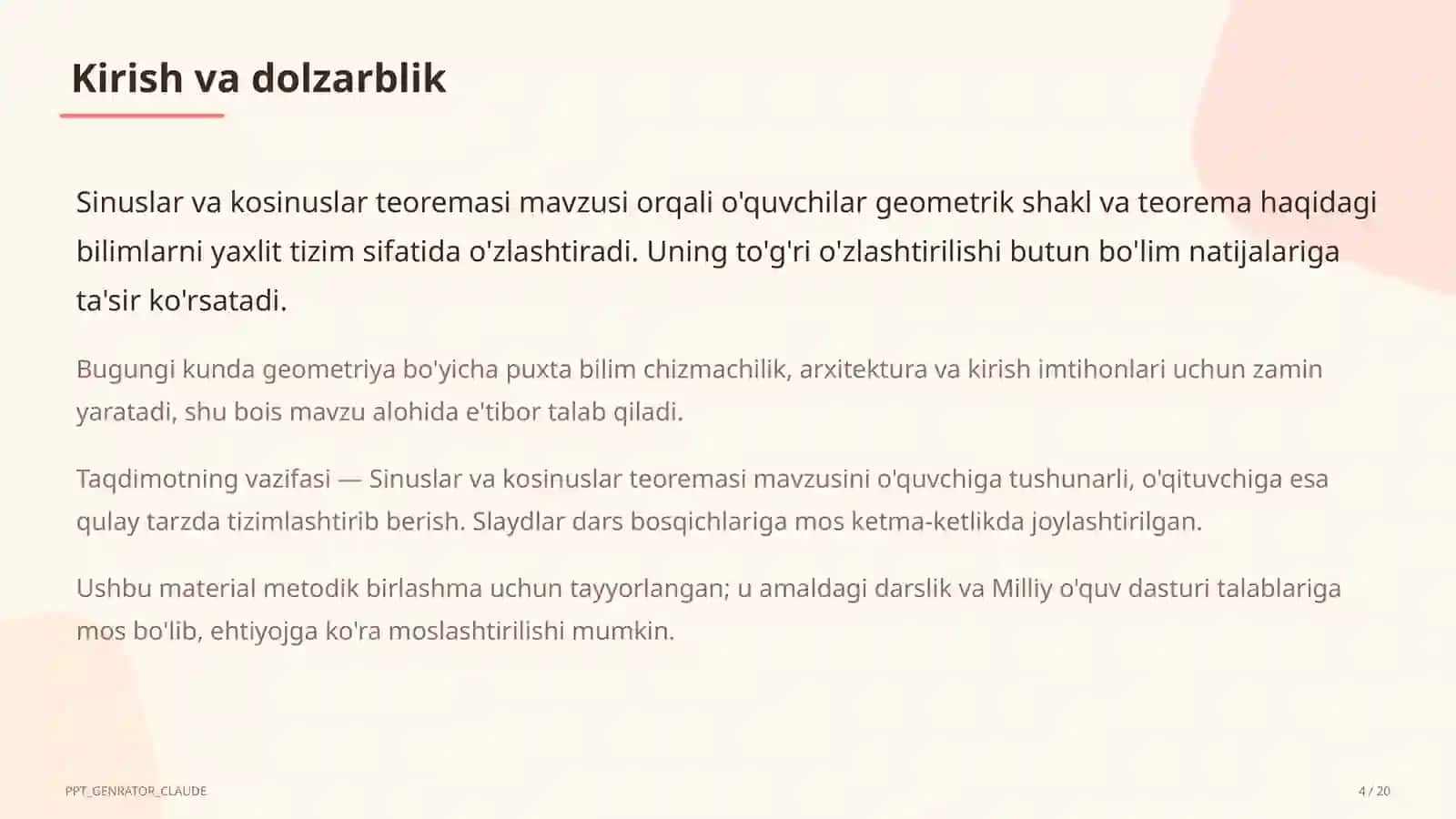 Sinuslar va kosinuslar teoremasi (9-sinf) 4