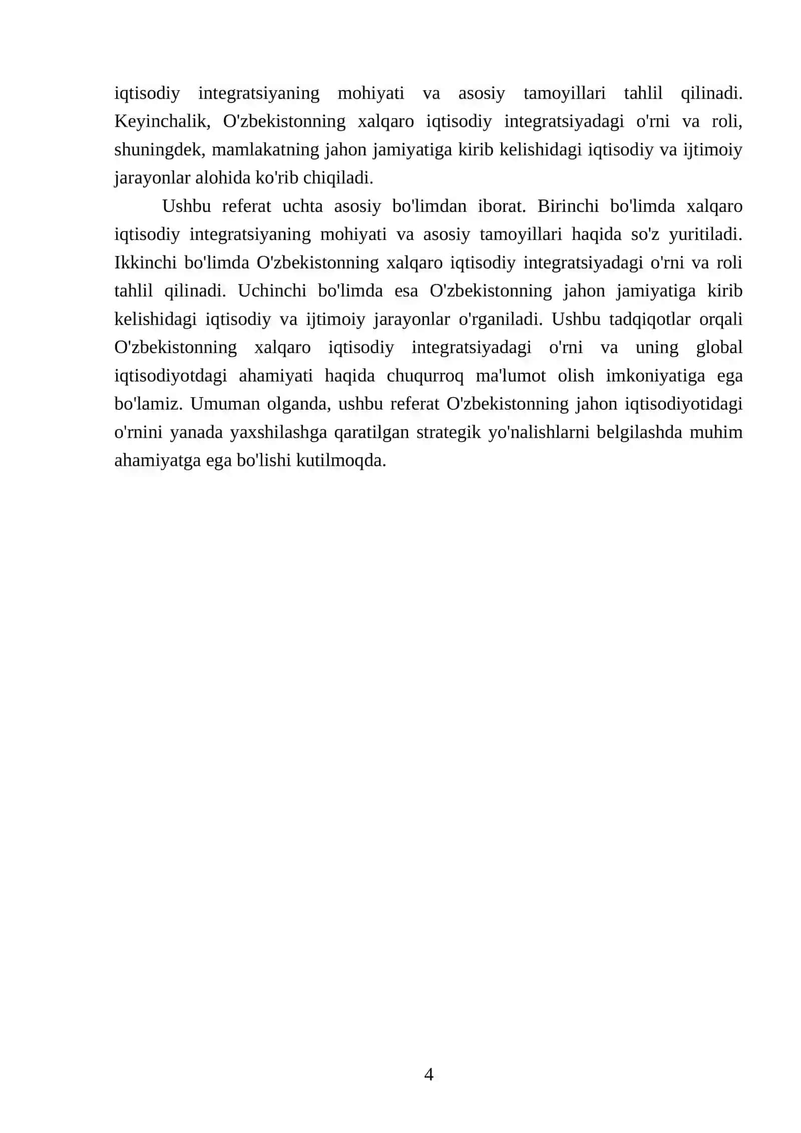 Xalqaro iqtisodiy integratsiya va O'zbekistonning jaxon jamiyatiga kirib kelishi referant qlb 4