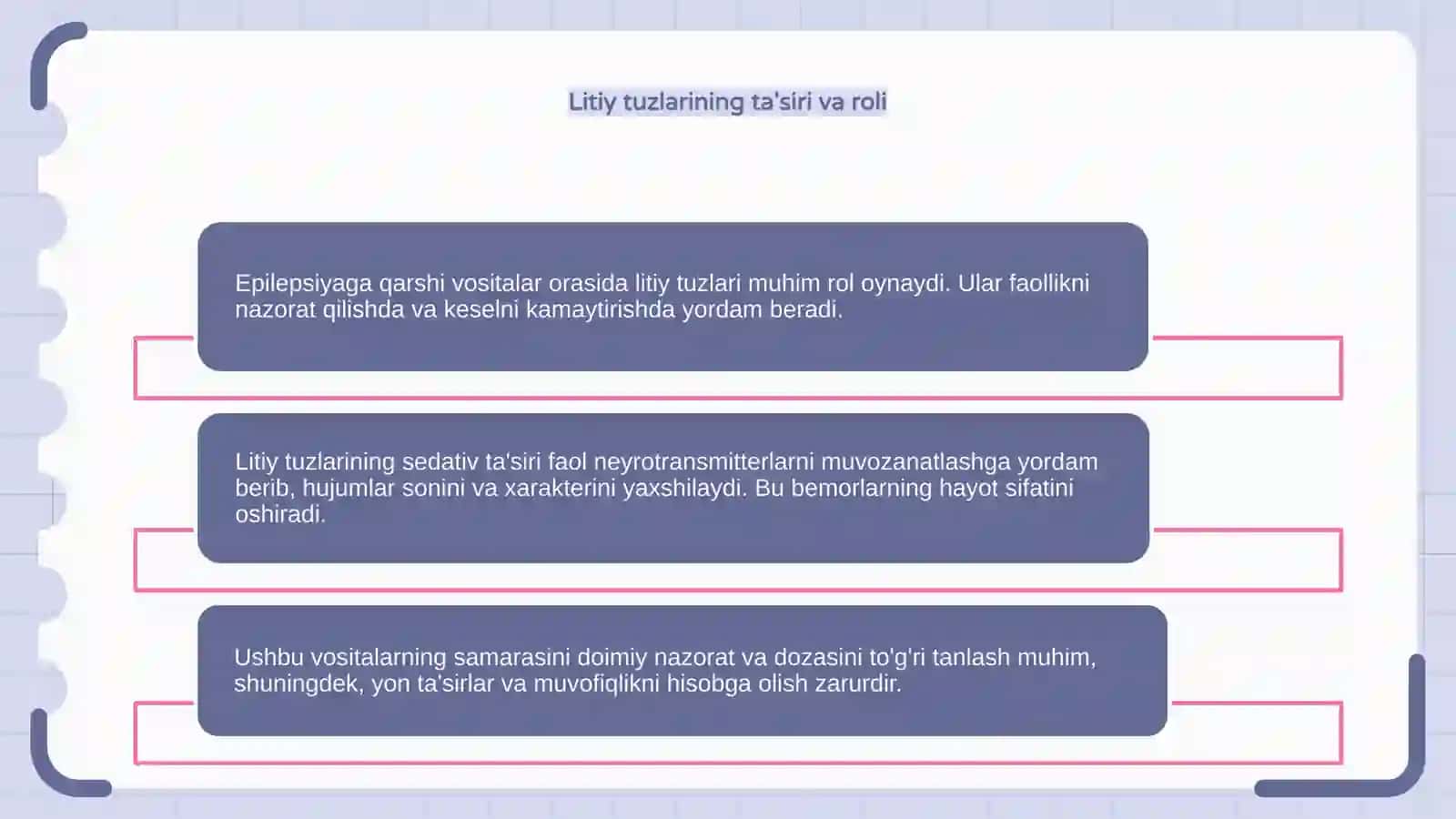 Epilepsiyaga qarshi vositalar. Litiy tuzlari. Sedativ vositalar. 4