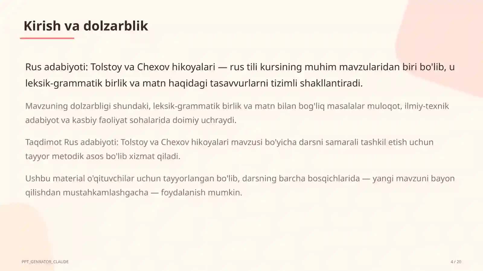Rus adabiyoti: Tolstoy va Chexov hikoyalari (10-sinf) 4