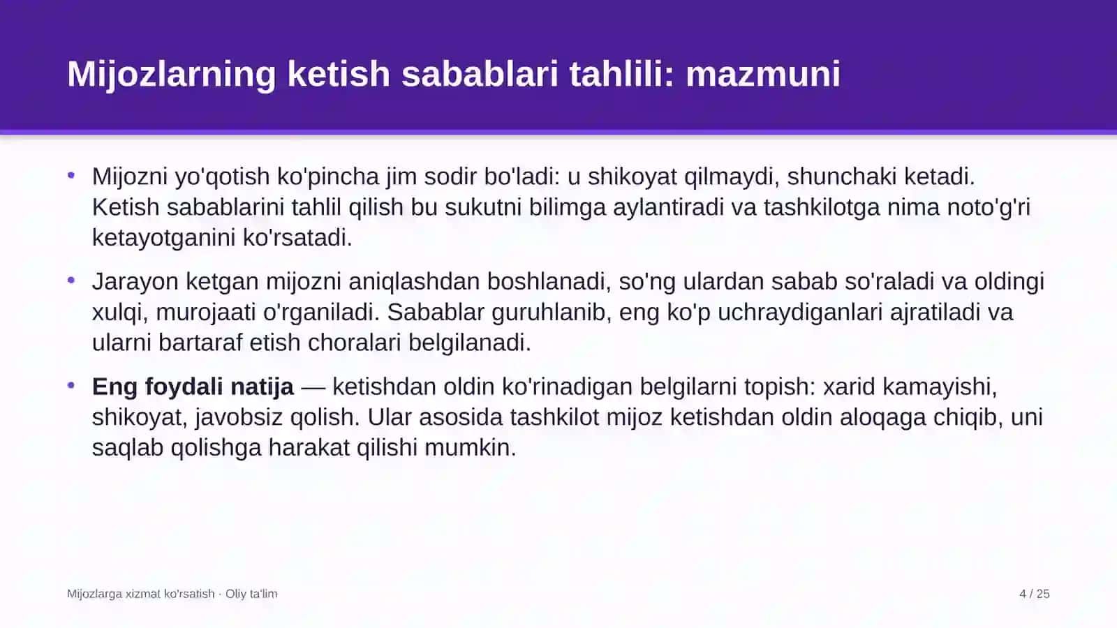 Mahalla fuqarolar yig'inlarida mijozlarning ketish sabablarini tahlil qilish 4