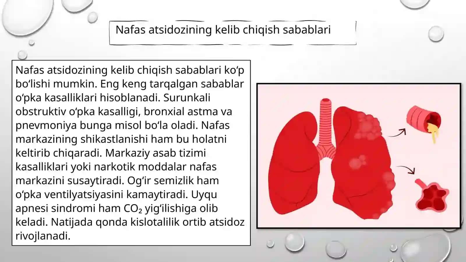Nafas asidozi, metabolik asidoz, nafas alkalozi va metabolik alkalozlarning kelib chiqishi, biokimyoviy tashxisi 4