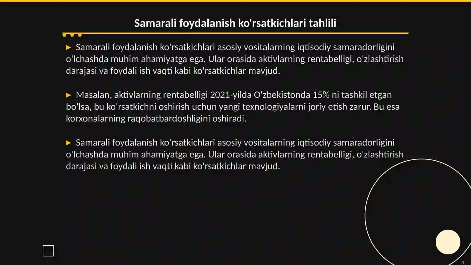Asosiy vositalardan samarali foydalanishni ifodalovchi koʻrsatkichlar tizimi 4