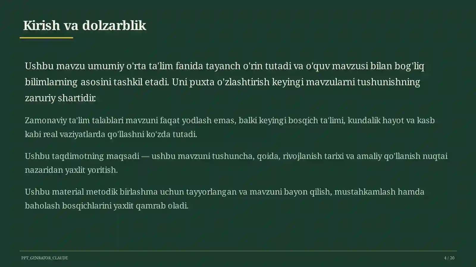 Dolzarb mavzular — maktab va o'qituvchilar (2026) — metodik birlashma uchun 4