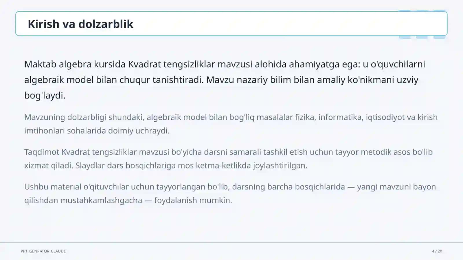 Kvadrat tengsizliklar (9-sinf) 4