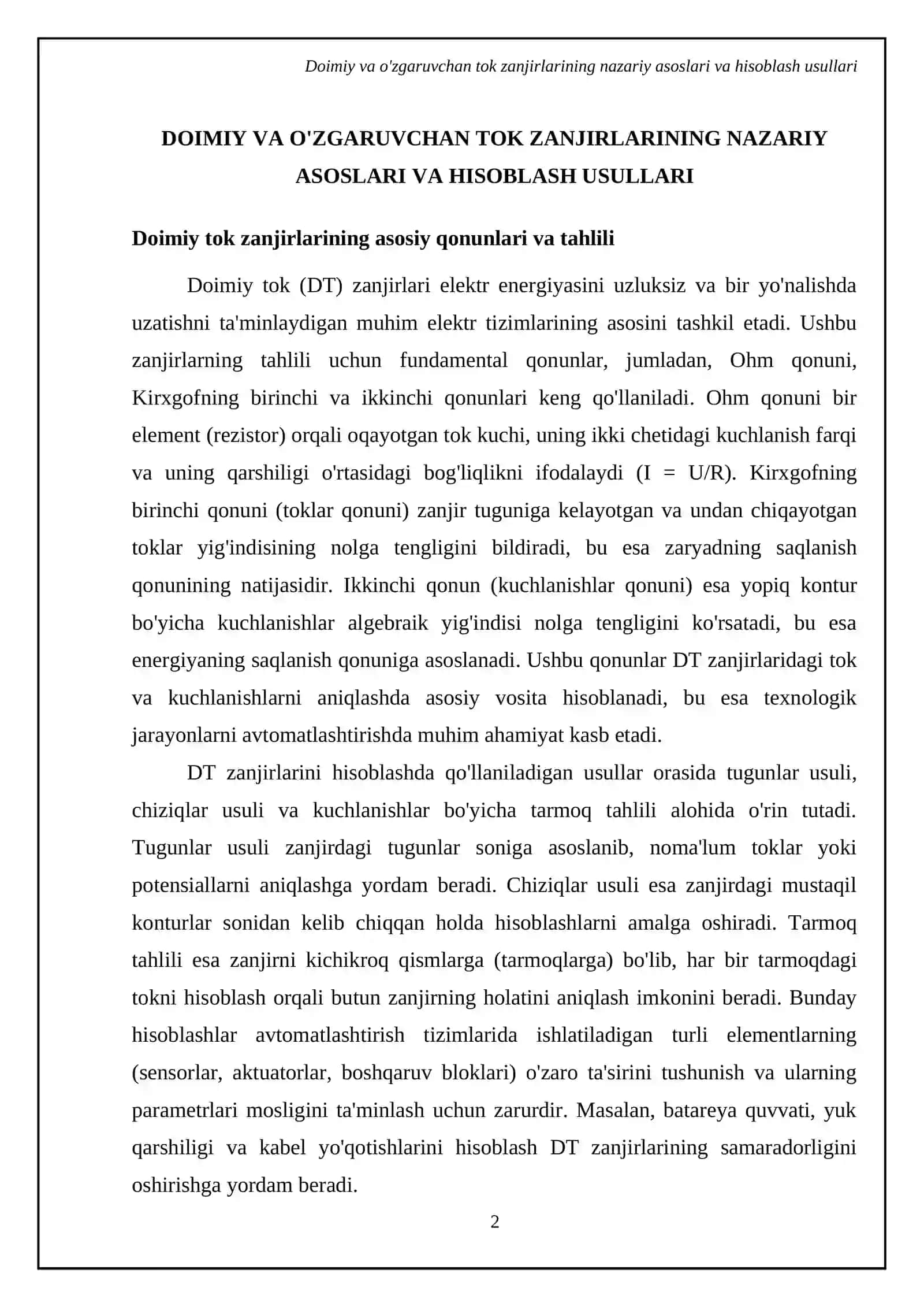 Doimiy va ozgaruvchan tok zanjiri: elektr zanjirini xisoblash texnologik uskunalarni avtomatlashtirish tizimlarida qollanilishi 4