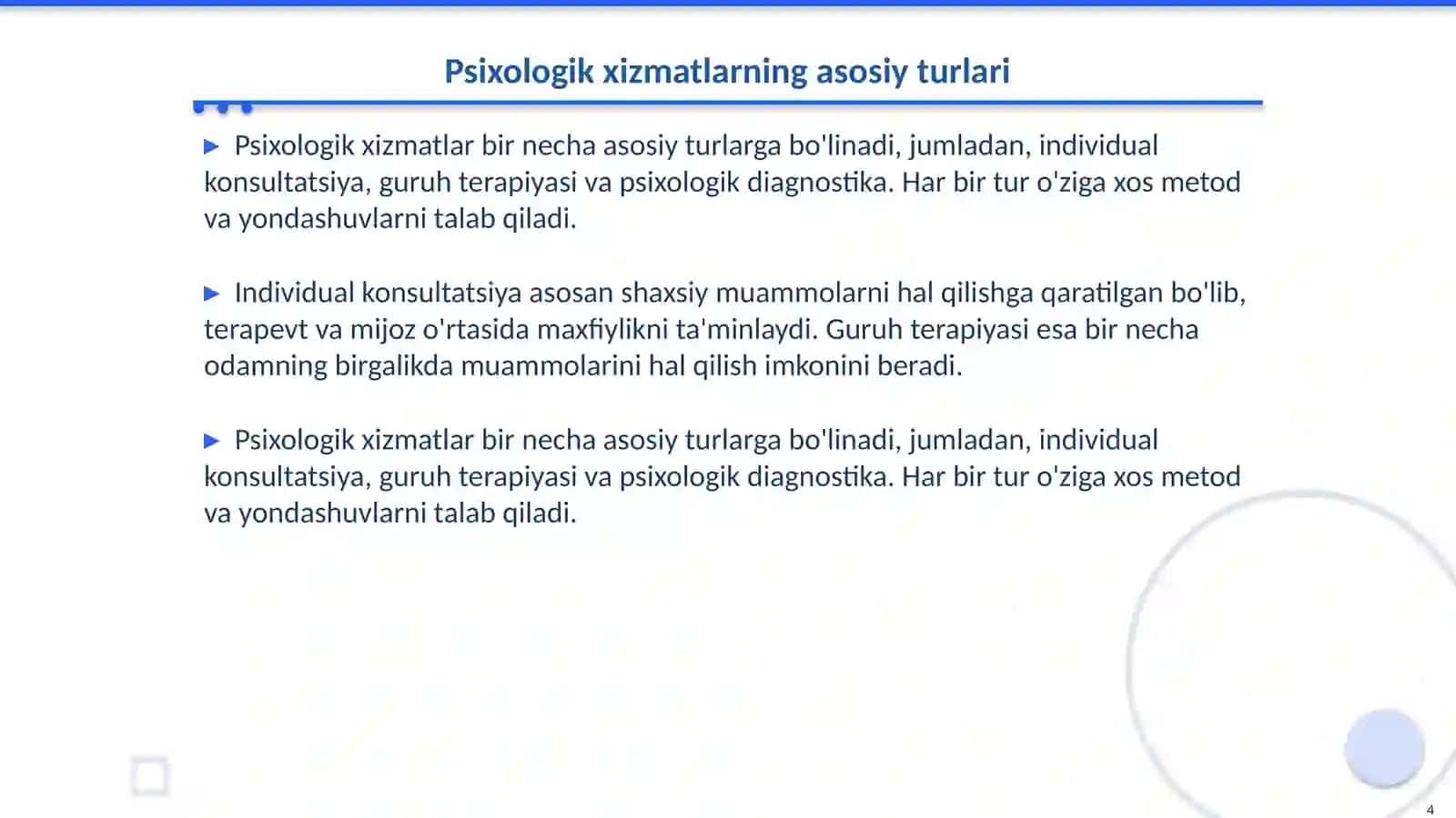 Psixologik xizmat faoliyatining yo’nalishlari 4