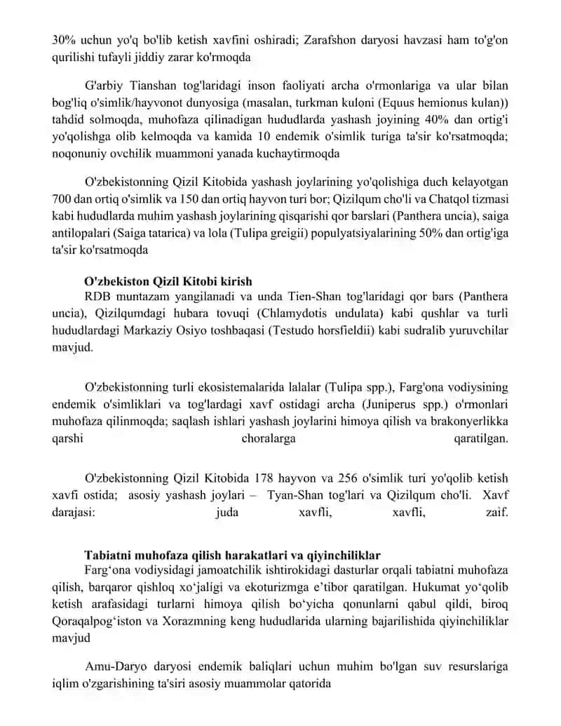 O'zbekistonga qizil kitobga kiritilgan hayvonlar va oʻsimliklar haqida malumotlarni aniqlang 4