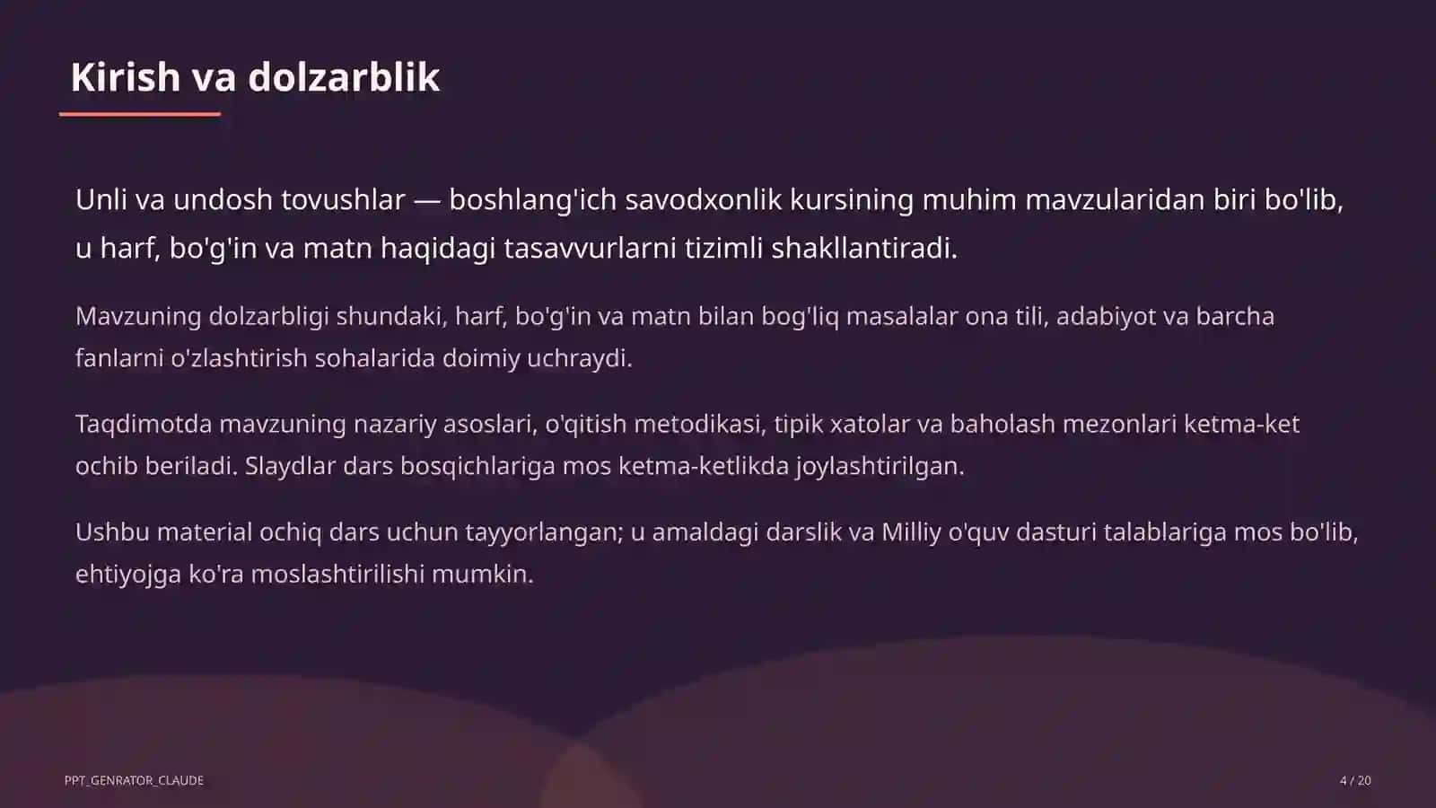 Boshlang'ich sinf: Ona tili va o'qish (1–4) — ochiq dars uchun 4