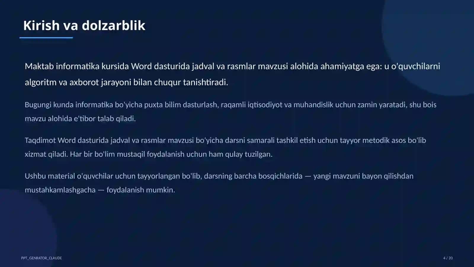 Word dasturida jadval va rasmlar (6-sinf) Informatika va axborot texnologiyalari (5–11) — o'quvchilar uchun 4