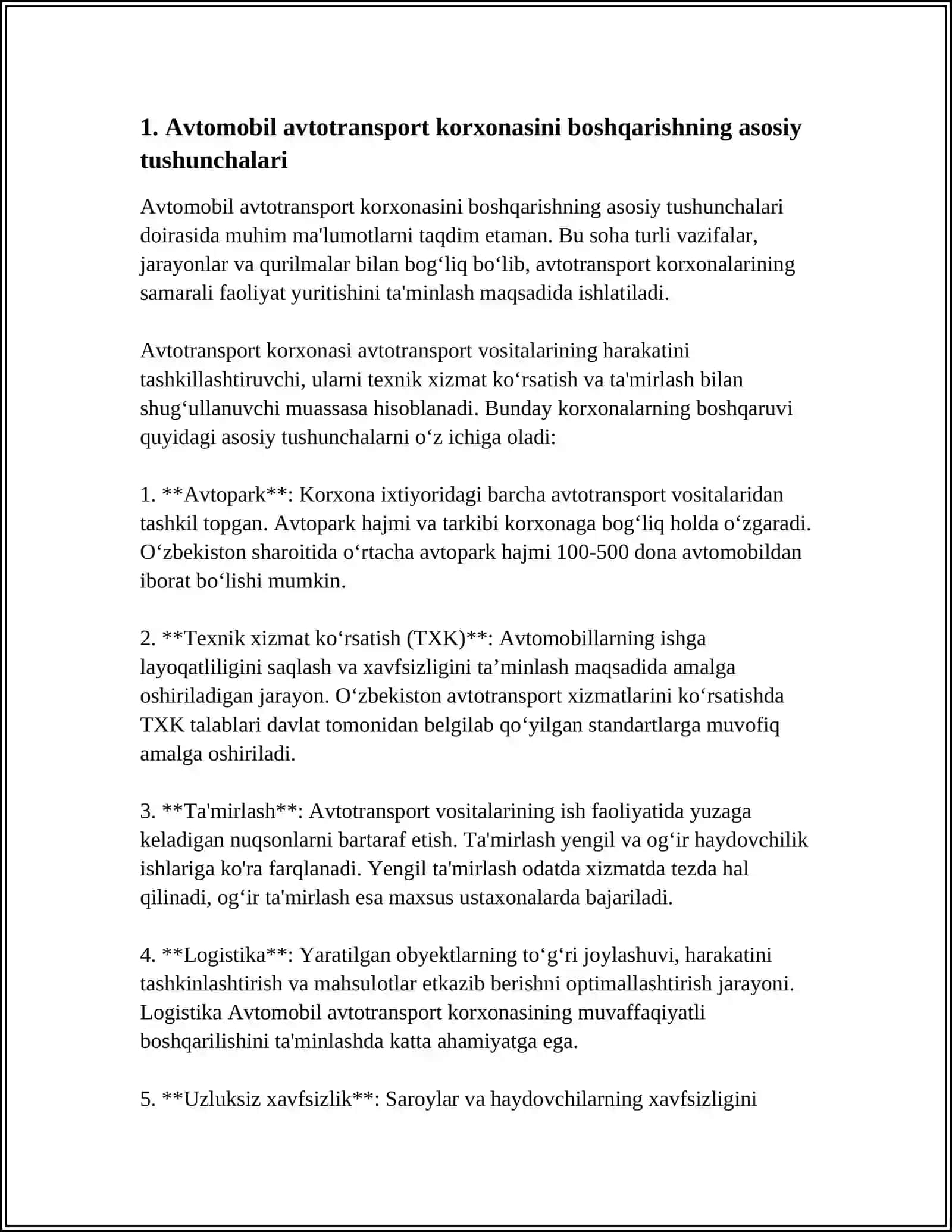 AVTOMOBIL AVTOTRANSPORTI KORXONASINI BOSHQARISH QOIDALARI, BOSQICHLARI VA USLUBLARINI TASNIFI 4