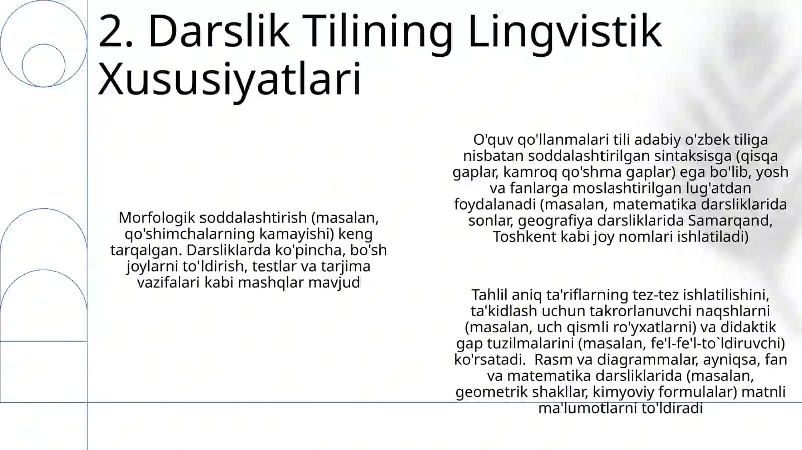 O’zbek tilidan darslik va o’quv qo’llanmalarning boblari va mavzularini o’rganish 4