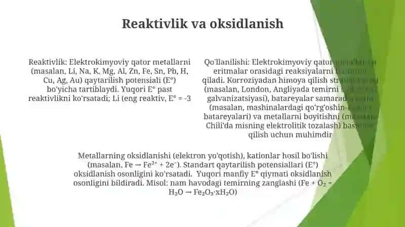 Metallarning standart elektrokimyoviy potensiyallari qatori va qo'llash 4