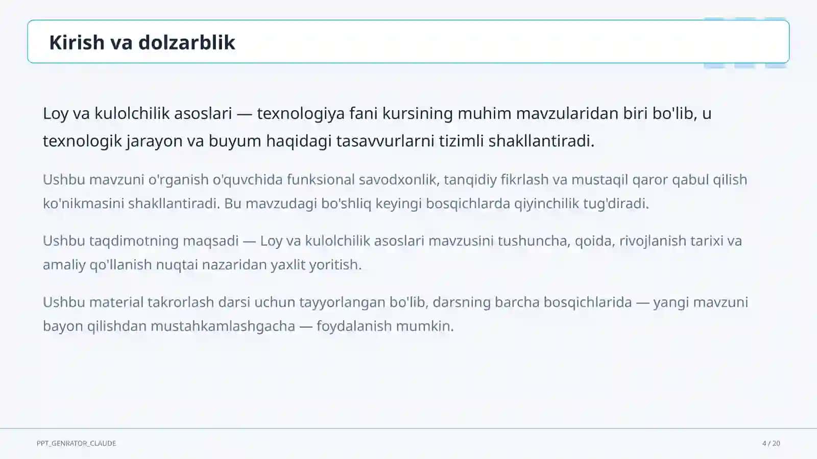 Loy va kulolchilik asoslari (4-sinf) 4