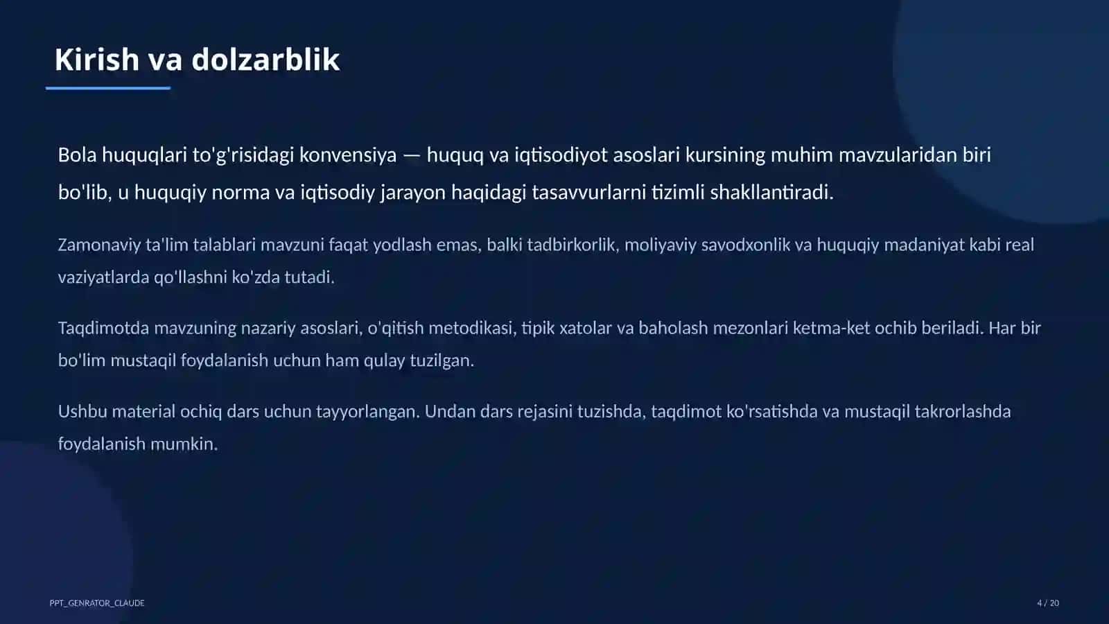 Huquq va iqtisodiyot asoslari (9–11) — ochiq dars uchun 4