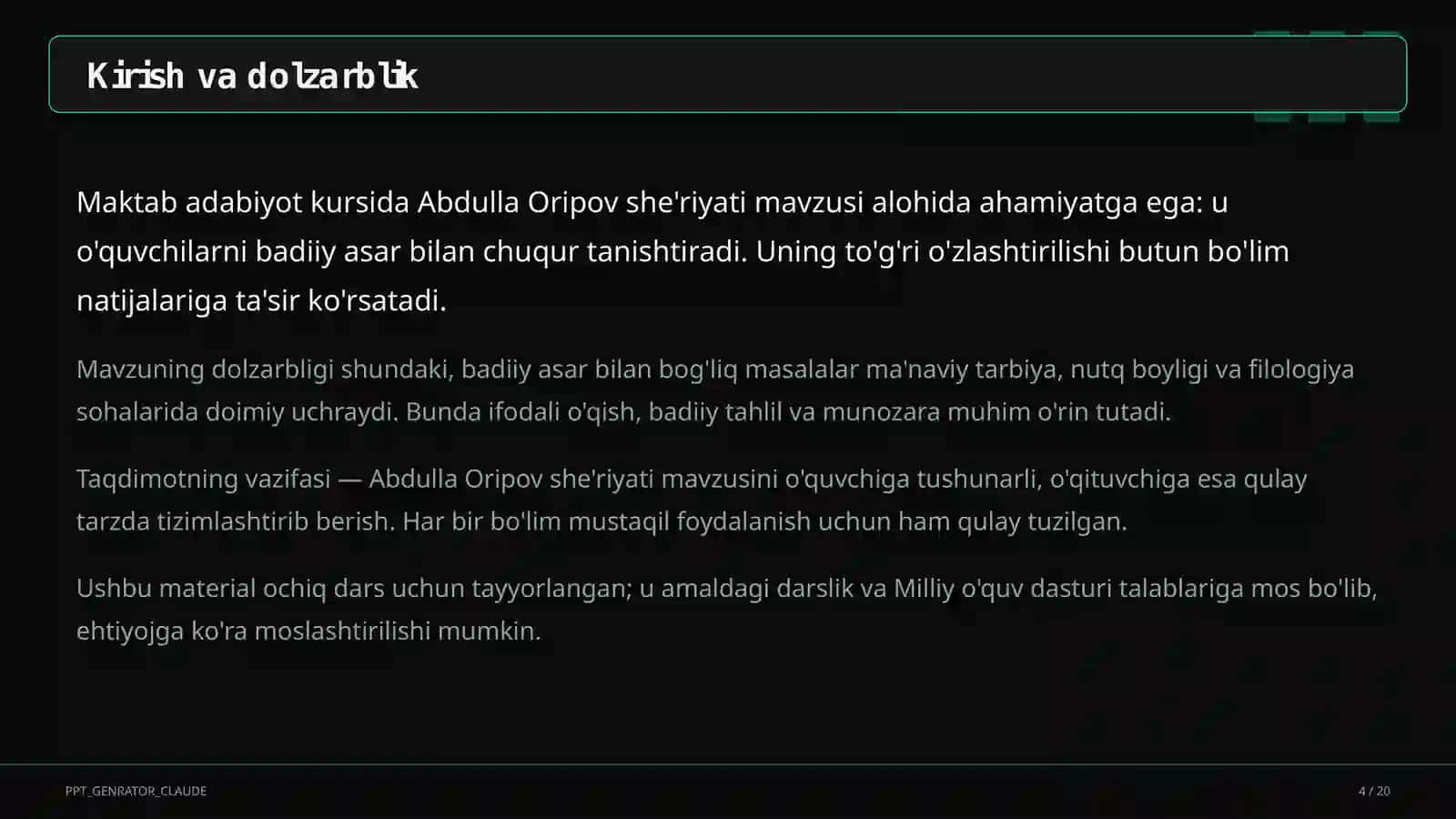 Abdulla Oripov she'riyati (9-sinf) 4
