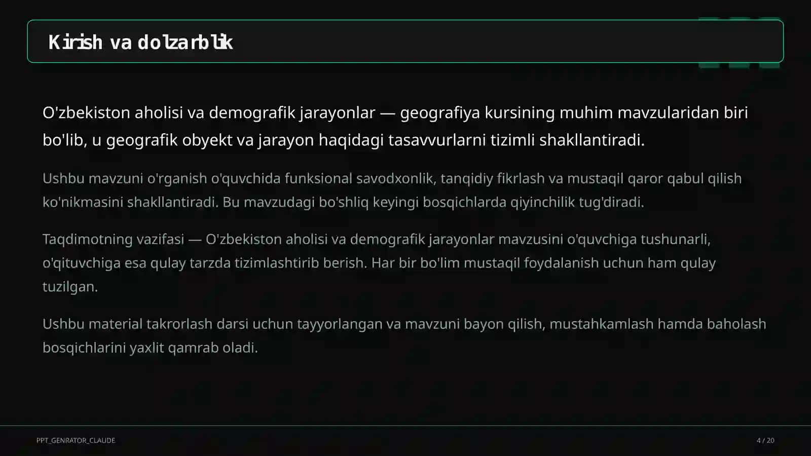 O'zbekiston aholisi va demografik jarayonlar (9-sinf) 4