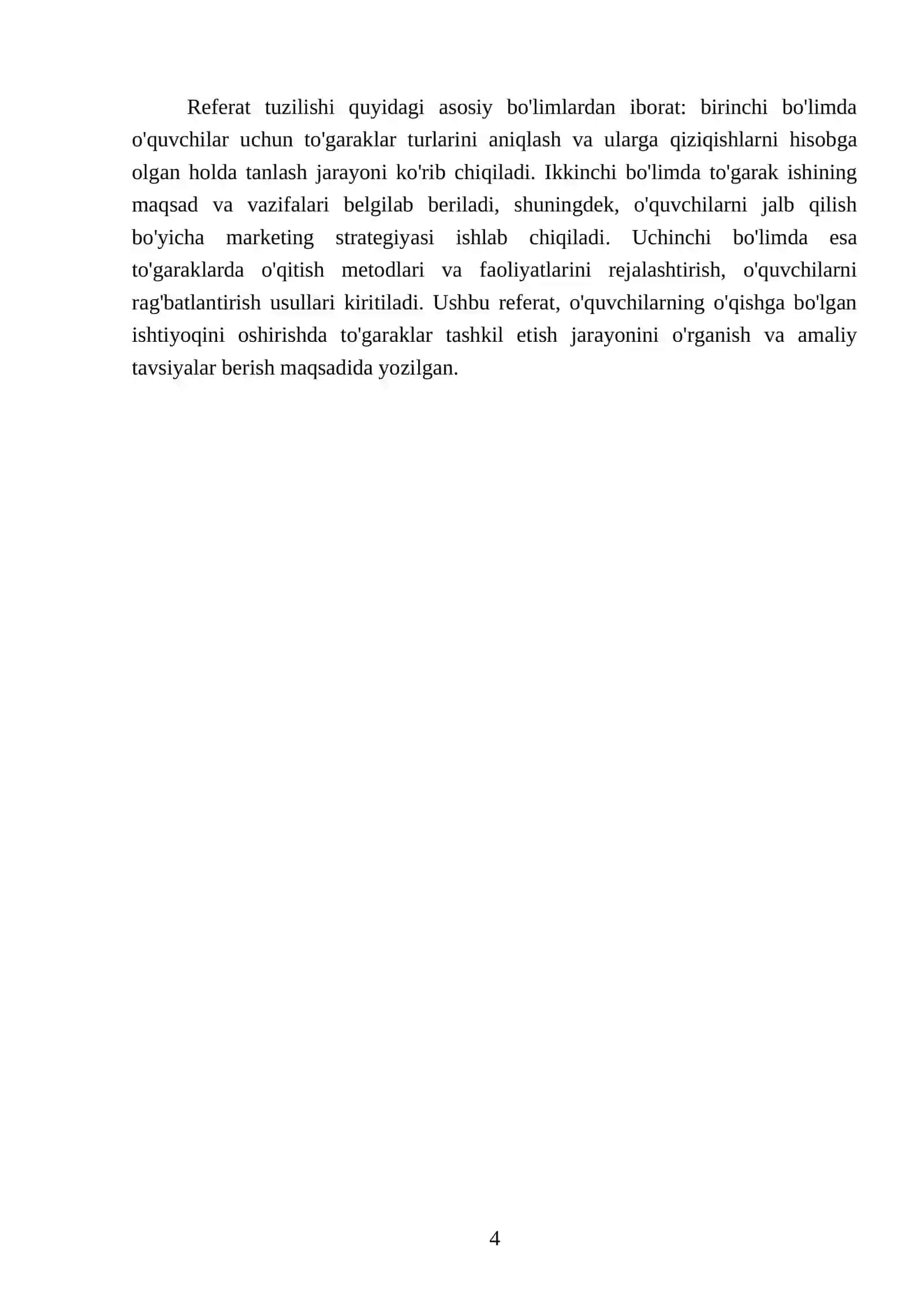 O'quvchilarni o'qishga va o'rganishga bo'lgan ishtiyoqini oshirish uchun turli xil to'garaklar tuzish hamda to'garak ishining rejasini ishlab chiqish 4