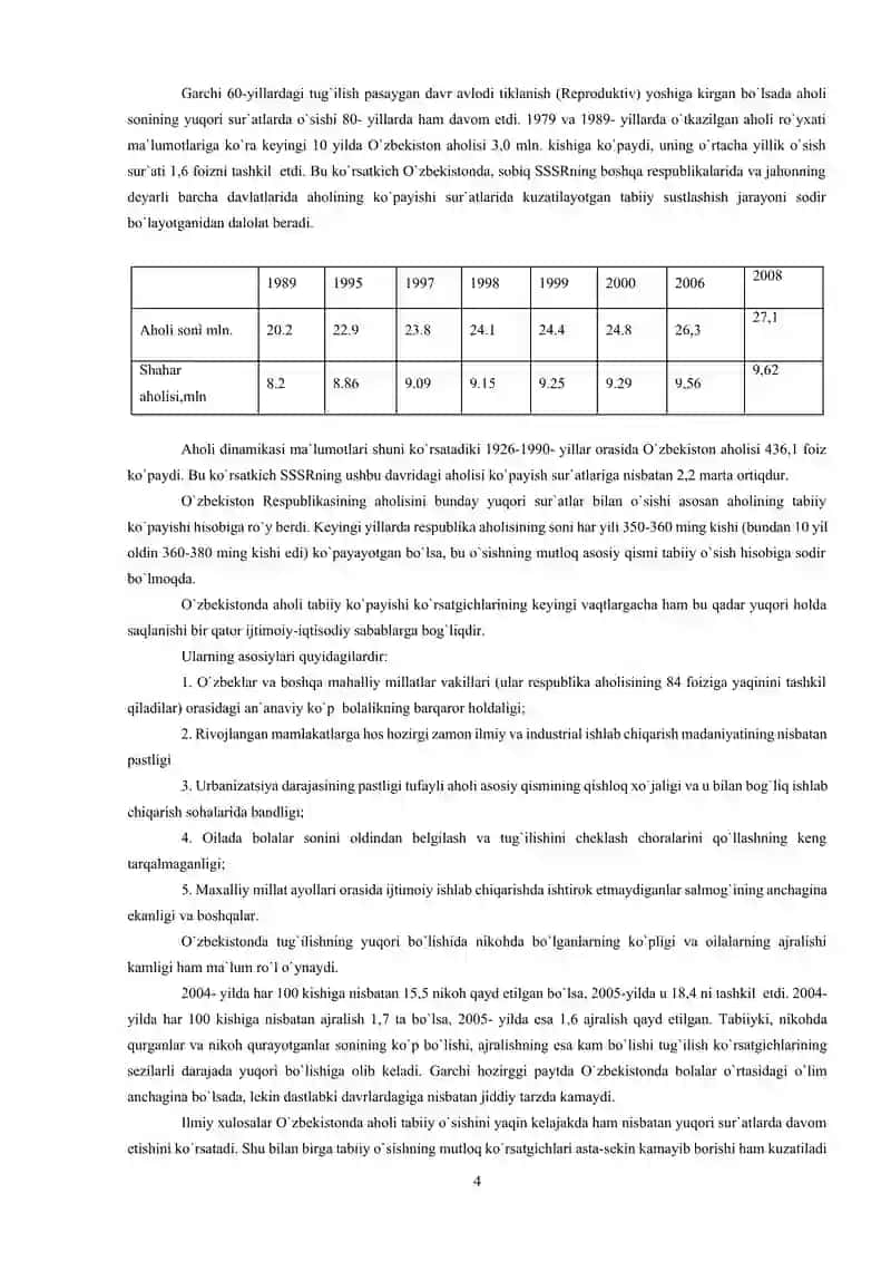 O'ZBEKISTON RESPUBLIKASI AHOLISI VA MEHNAT RESURSLARI 4