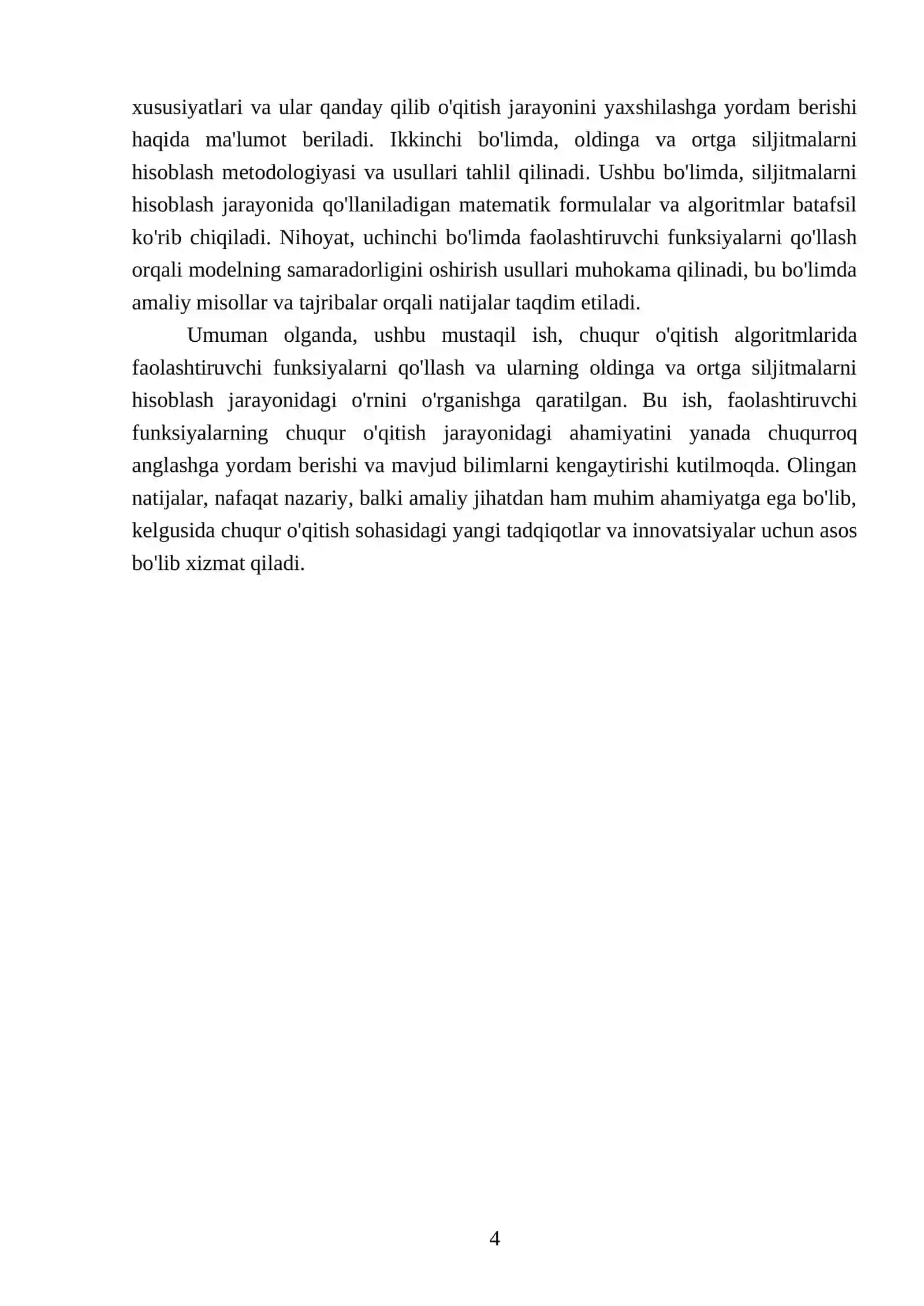Chuqur òqitish algaritimlatida faolashtiruvchi funksiyalarni qòllash oldinga va ortga siljitmalarni hisoblash 4