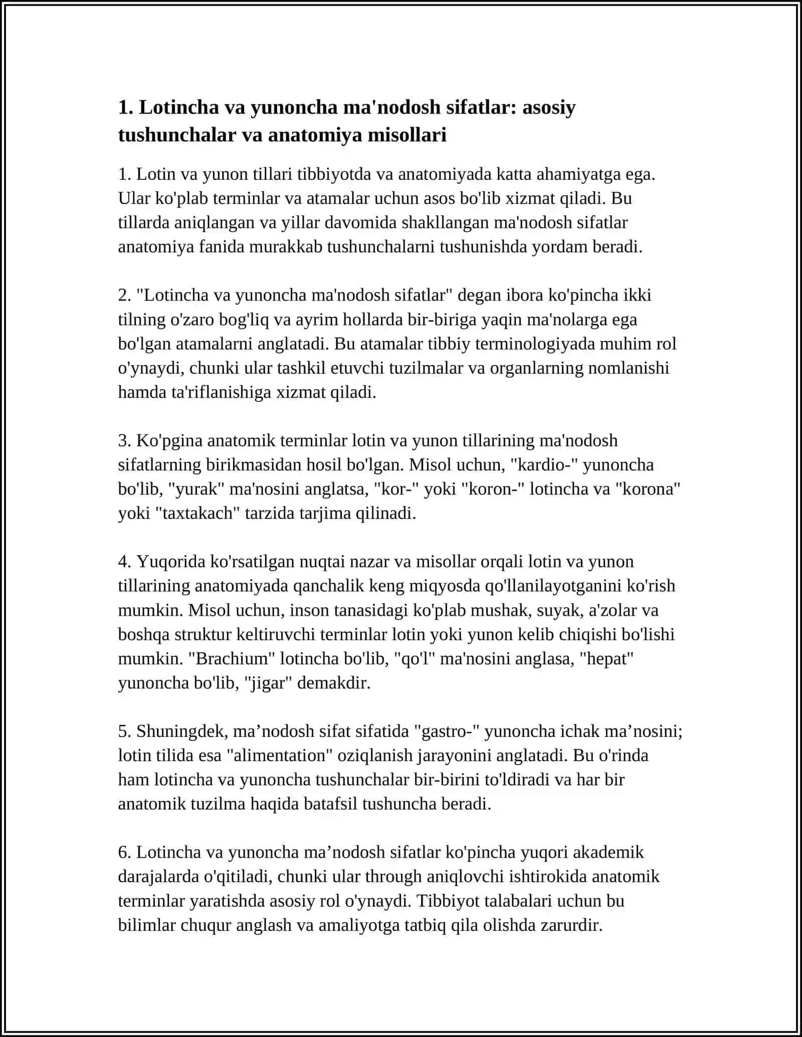 MUSTAQIL ISH: LOTINCHA - YUNONCHA MA'NODOSH SIFATLAR. MOSLASHGAN ANIQLOVCHI ISHTROKIDA ANATOMIK TERMINLAR 4