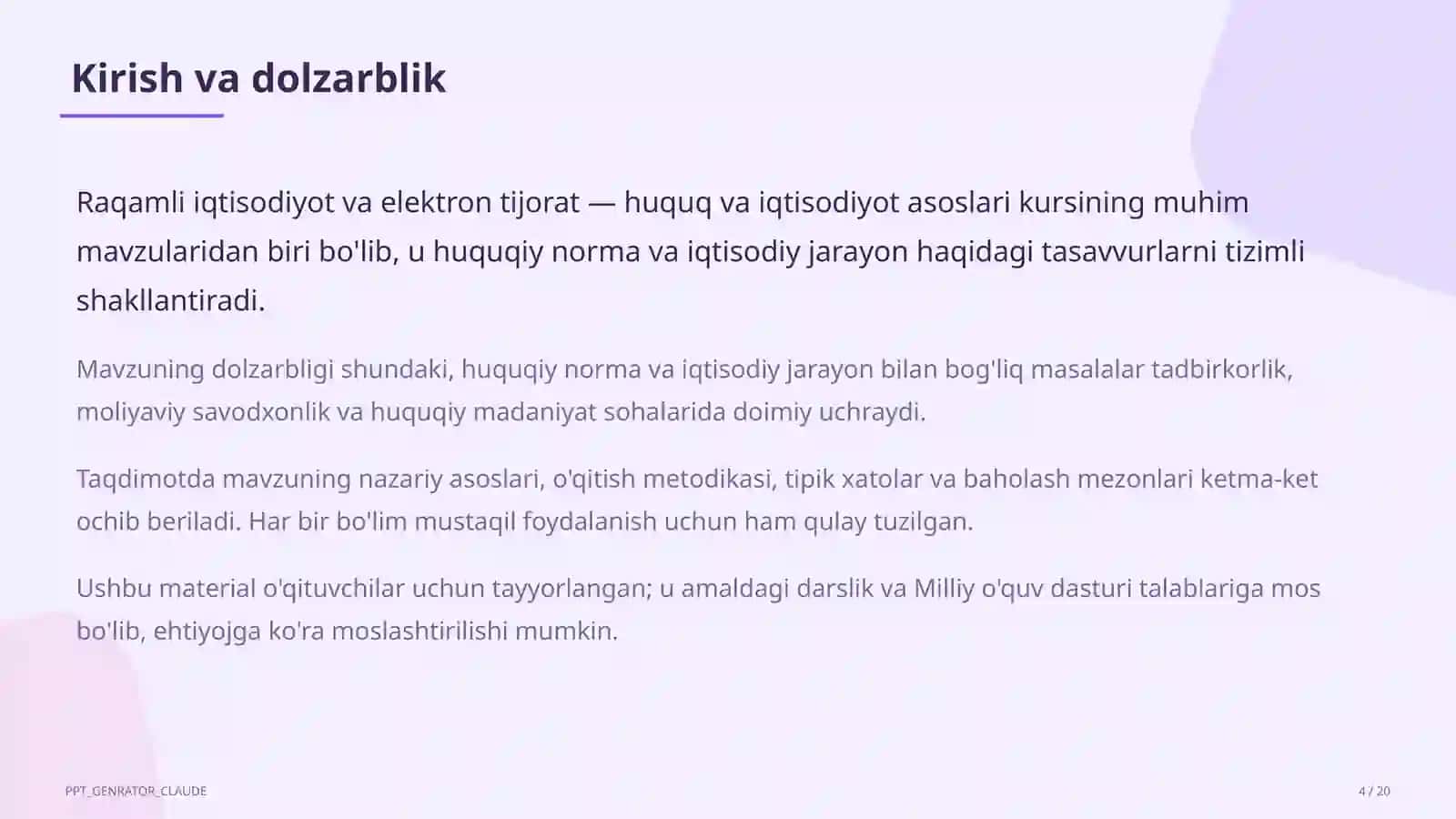Huquq va iqtisodiyot asoslari (9–11) — o'qituvchilar uchun 4