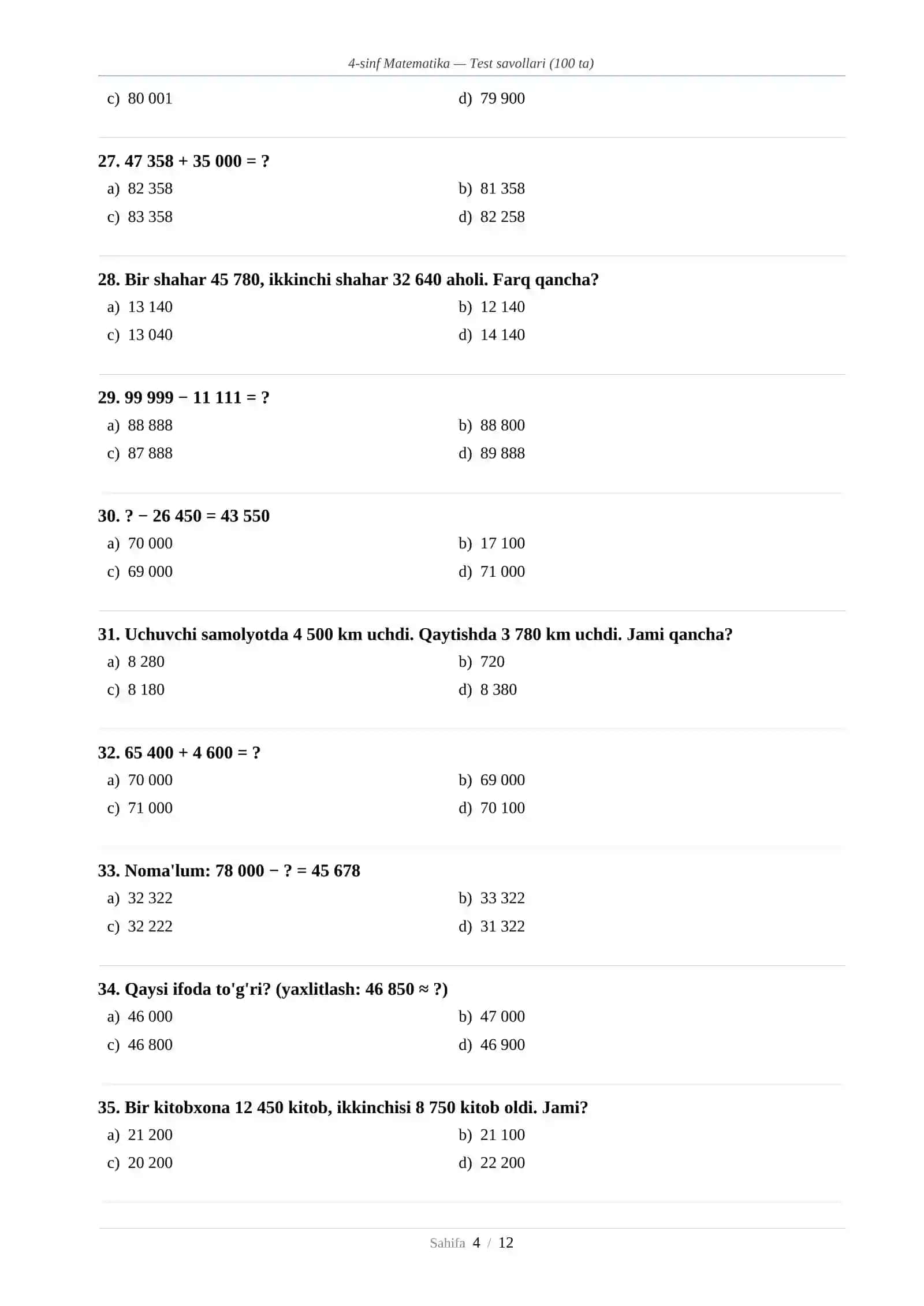 4-sinf Matematika — Test savollari (100 ta) 4