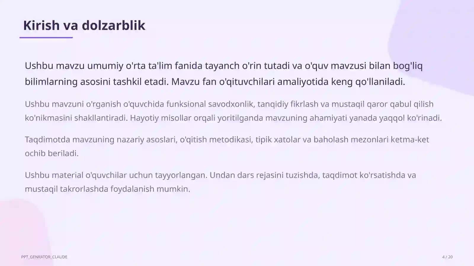 Dolzarb mavzular — maktab va o'qituvchilar (2026) — o'quvchilar uchun 4