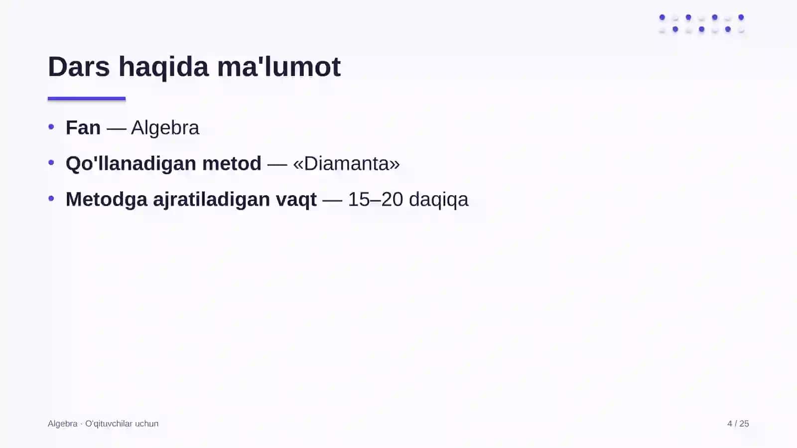 algebra darslarida diamanta metodidan foydalanish 7572 4