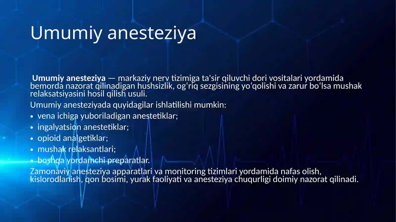 Zamonaviy og’riqsizlantirish usullari. Zamonaviy jarrohlik asboblar, uskunalar va moslamalar. Robotlashtirilgan jarrohlik amaliyoti. Zamonaviy neyrojarrohlik yutuqlari va muammolari. Suyaklar patologiyalarida bajariladigan operatsiyalar. Zamonaviy ortopediya yutuqlari. 4