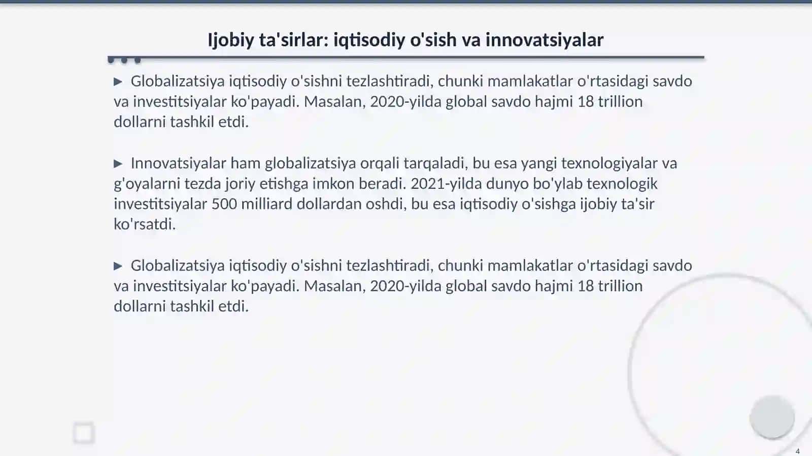 Barqaror taraqqiyot ta'minlashning glabalshuvning ijobiy va salbiy yo'nallari 4