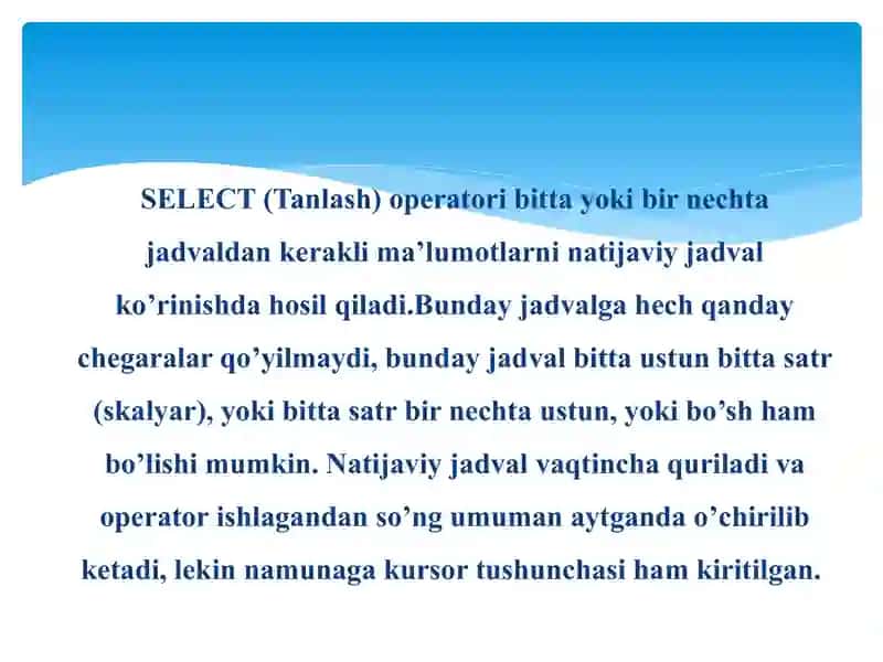 SQL serverda bazadan tanlash (select) va bazani o’chirish (drop) operatorlari 4