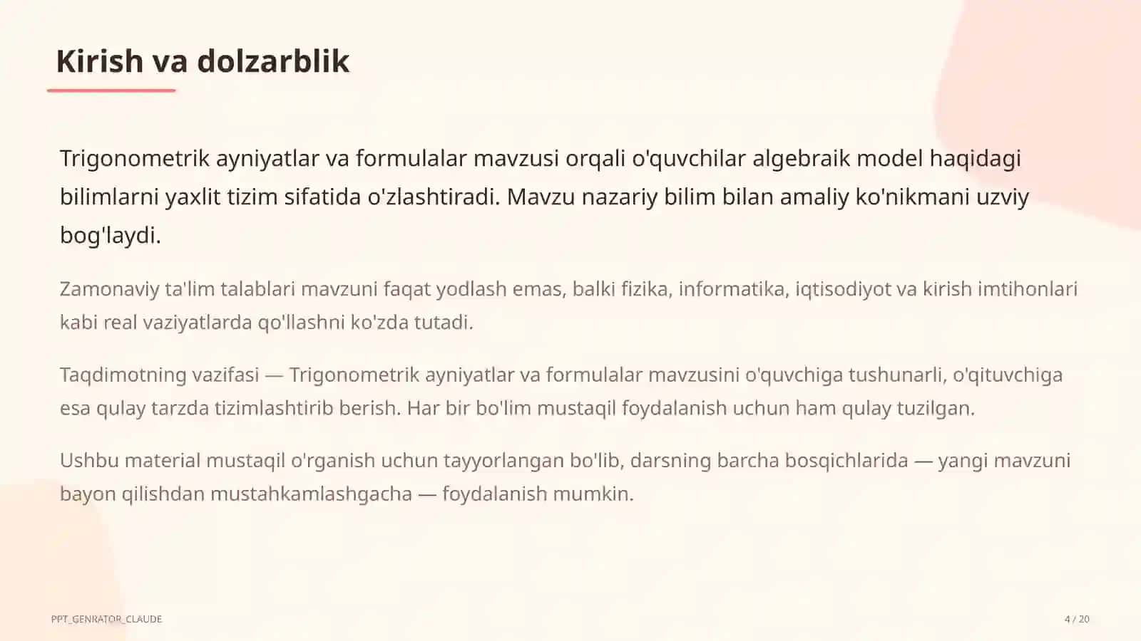 Trigonometrik ayniyatlar va formulalar (10-sinf) 4