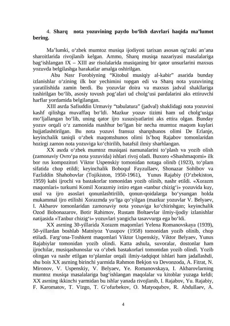 O‘zbek mumtoz qo‘shiqchiligi fani bo‘yicha YaN savollari 4