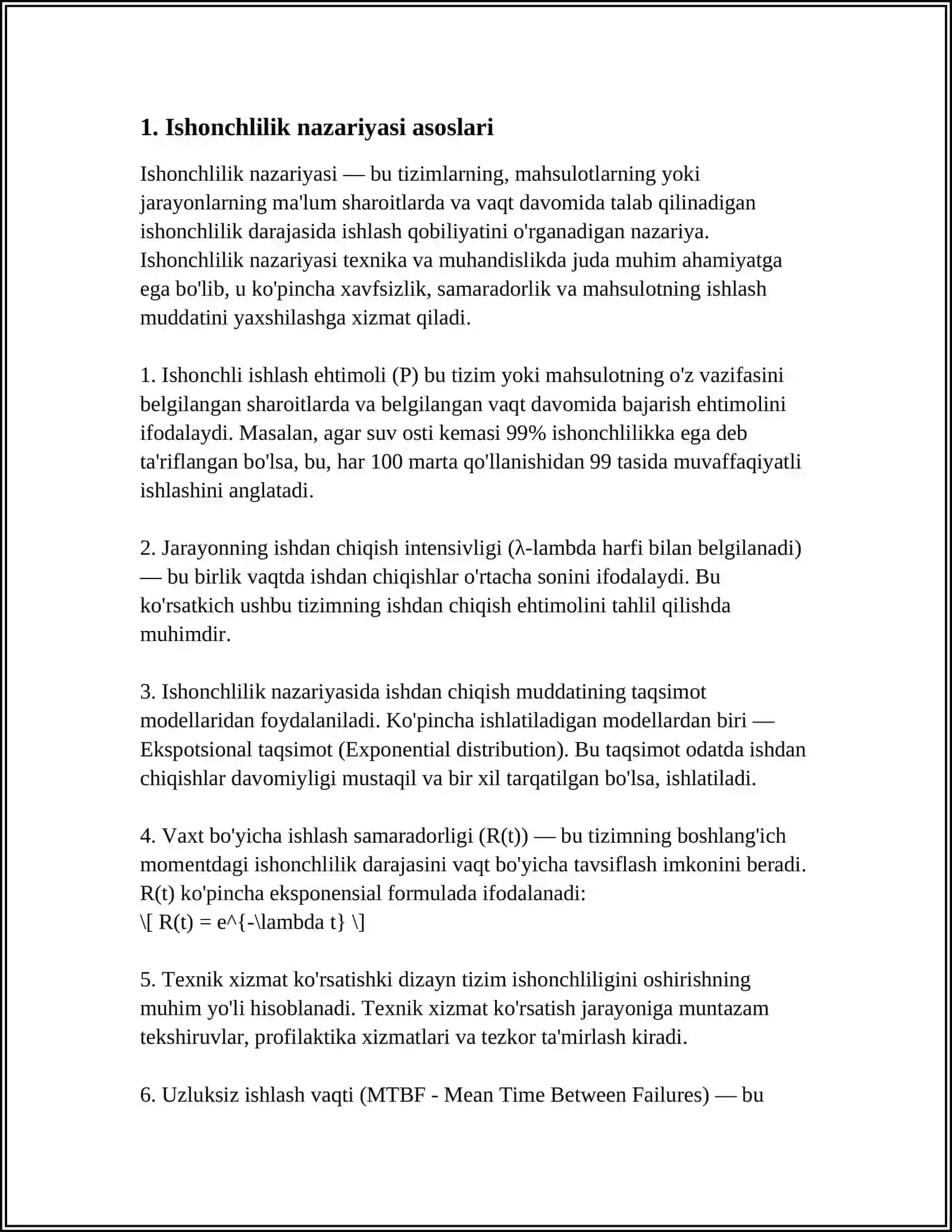 TEXNIK HOLATNI ISHLASH DAVRIGA QARAB O'ZGARISHI. AVTOMOBILNING ISHONCHLILIK KO'RSATKICHLARI 4
