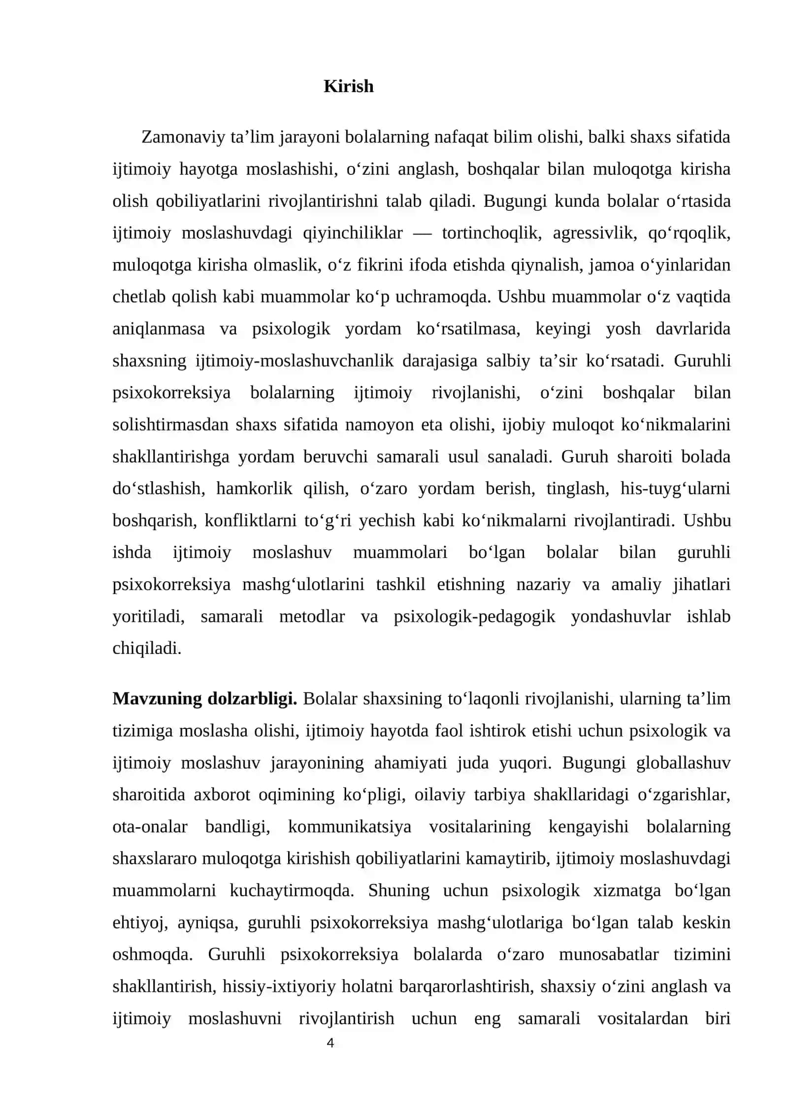 “Ijtimoiy moslashuv muammolari bo'lgan bolalar uchun guruhli psixokareksiya” 4