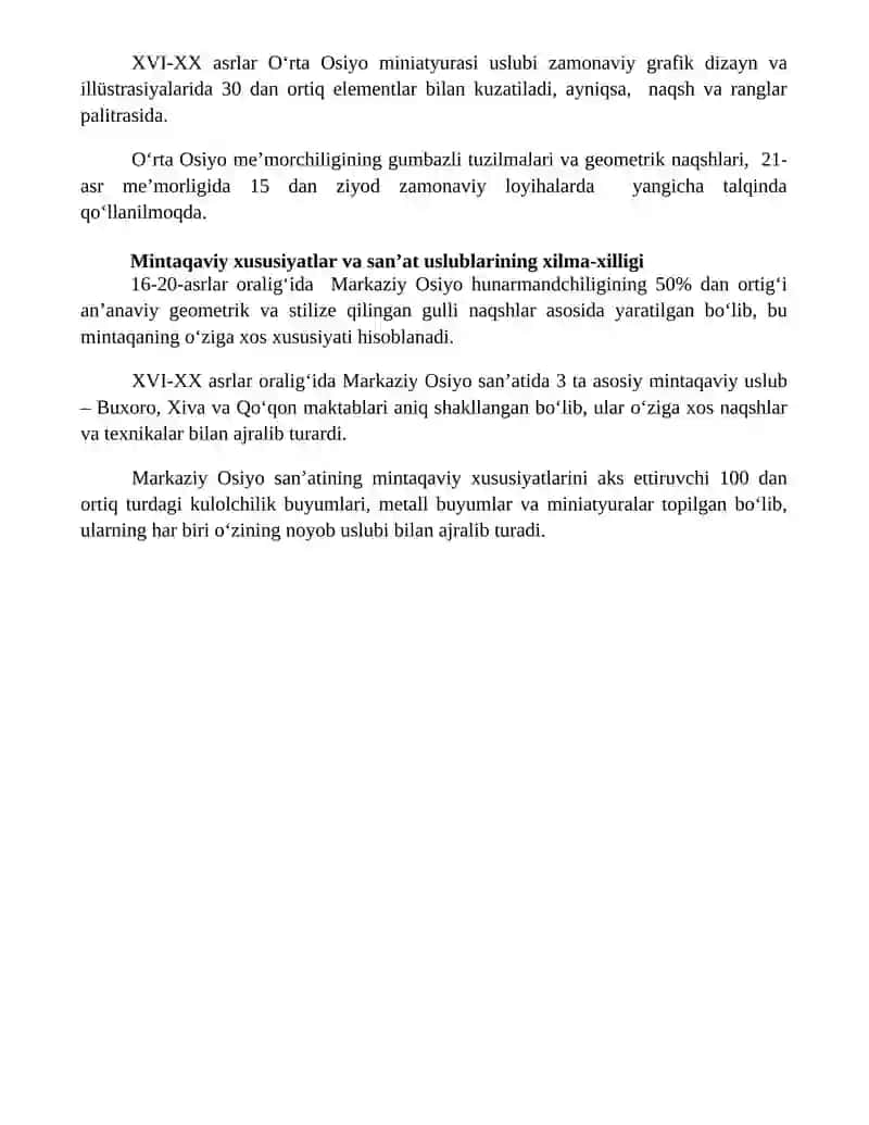 Oʻrta Osiyoning 16- 20 asr boshlaridagi sanʼati tavsifi va oʻziga xos jihati 4