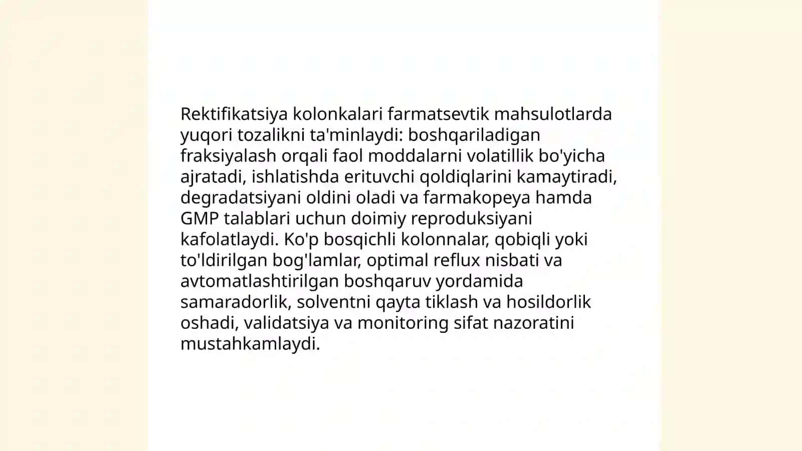 Zamonaviy rektifikatsiya kolonnalarining farmatsevtika sanoatida qo'llanilishi 4
