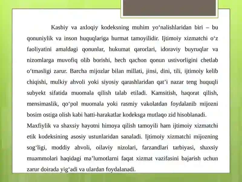 Oʻzbekiston ijtimoiy xizmatining kasbiy va axloqiy kodeksi 4