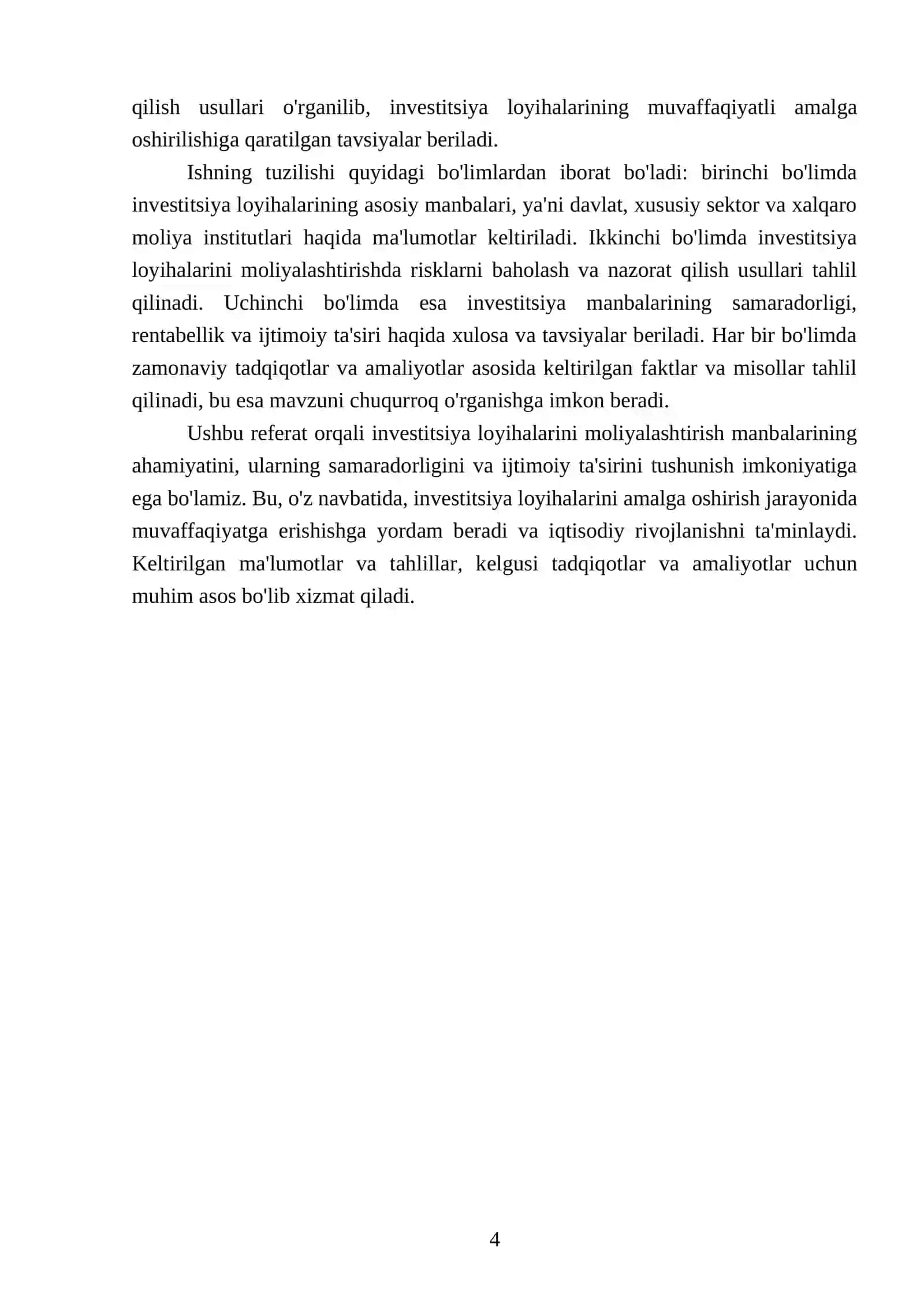 Investitsiya loyihalarini moliyalashtirish manbalari va ularning tahlili 4