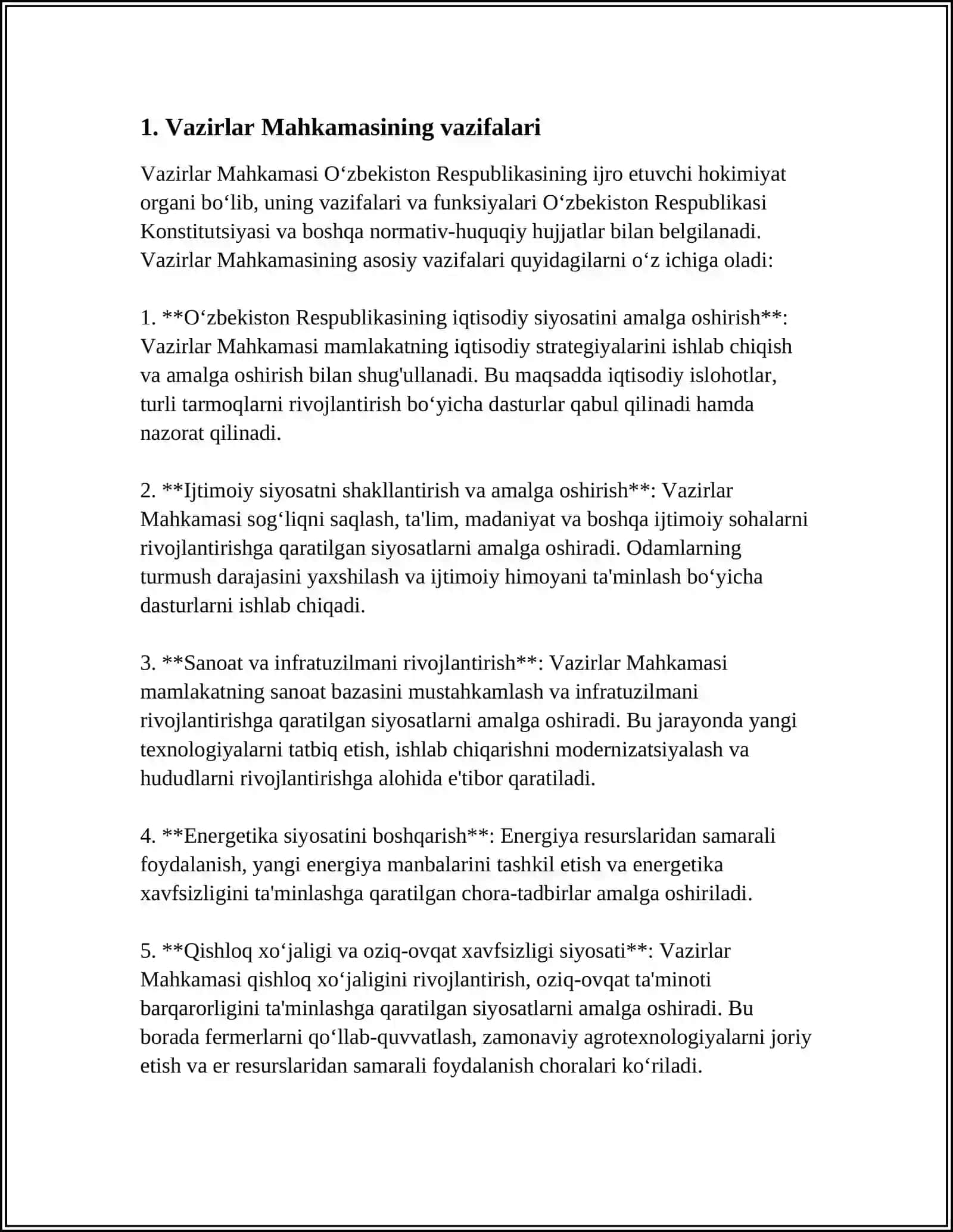 VAZIRLAR MAHKAMASINING FUKSIYALARI. SUD HOKIMYATI, ADVAKATURA, PROKURATURALAR TOMONIDAN AMALGA OSHIRILADIGAN VAZIFALAR 4
