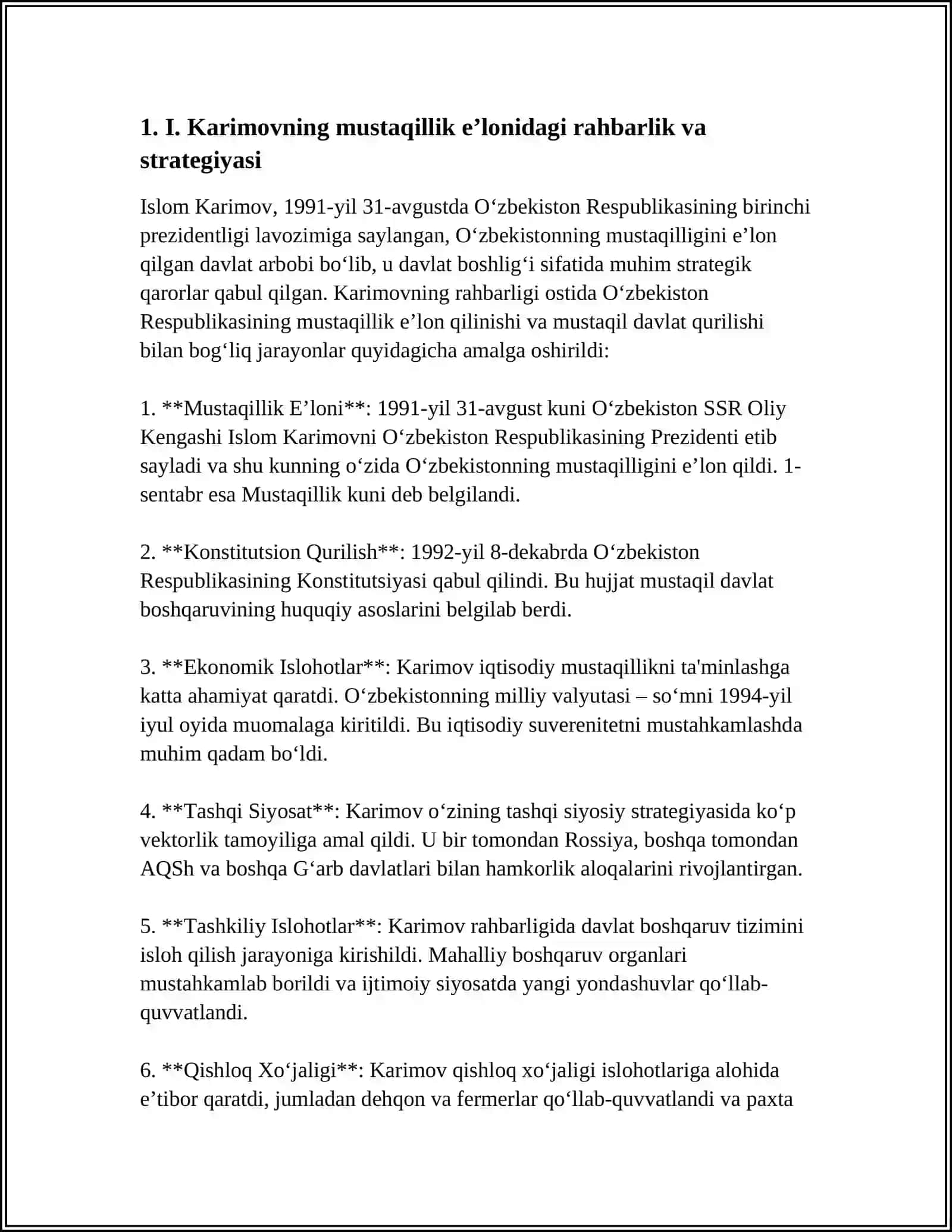MUSTAQIL O‘ZBEKISTON DAVLATINING YUZAGA KELISHI VA MUSTAHKAMLANISHIDA I.KARIMOVNING TARIXIY XIZMATLARI 4