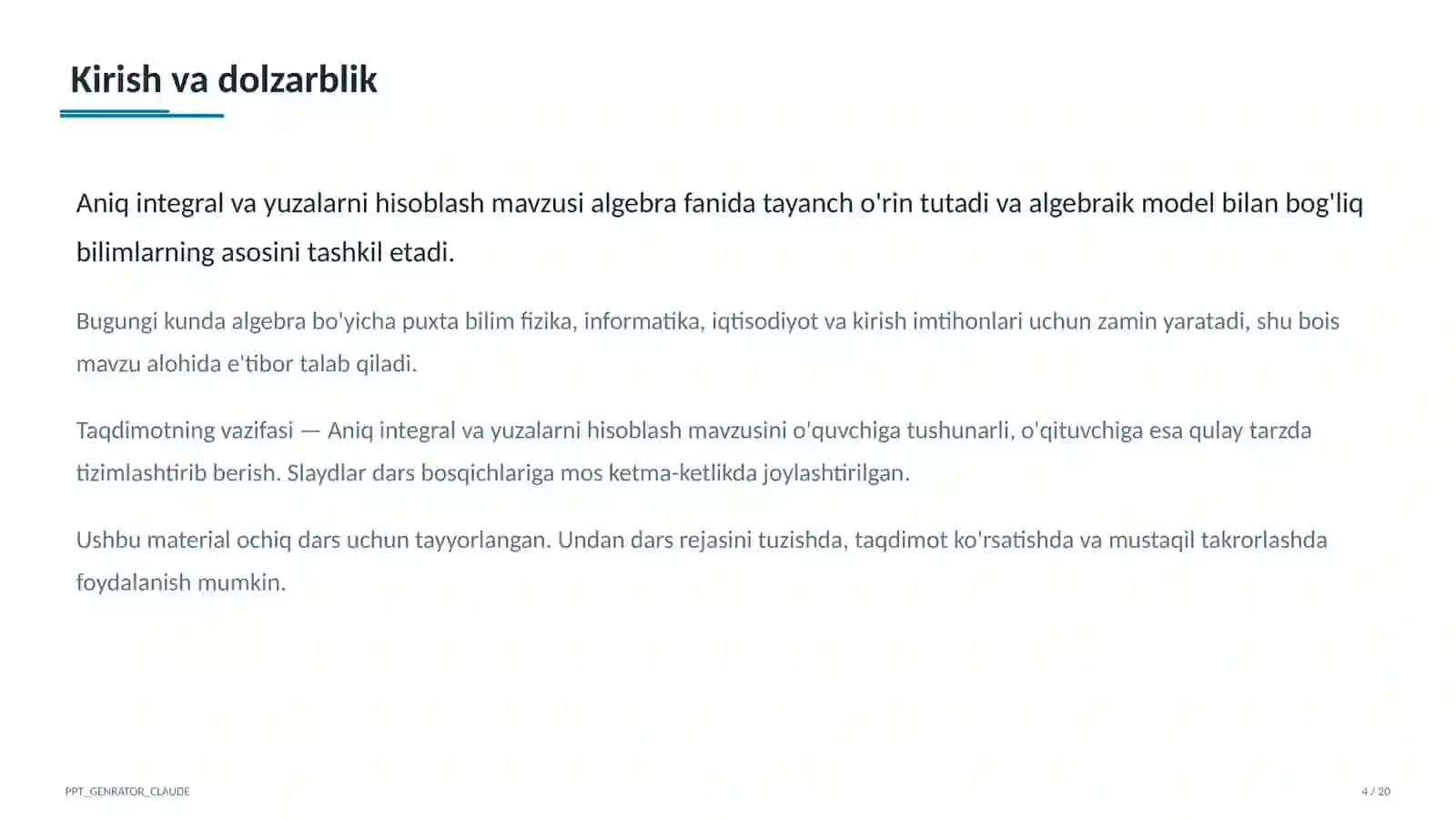Aniq integral va yuzalarni hisoblash (11-sinf) 4