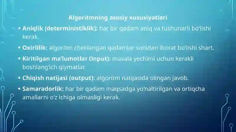 Algoritm tushunchasi va uni tuzish bosqichlari 4