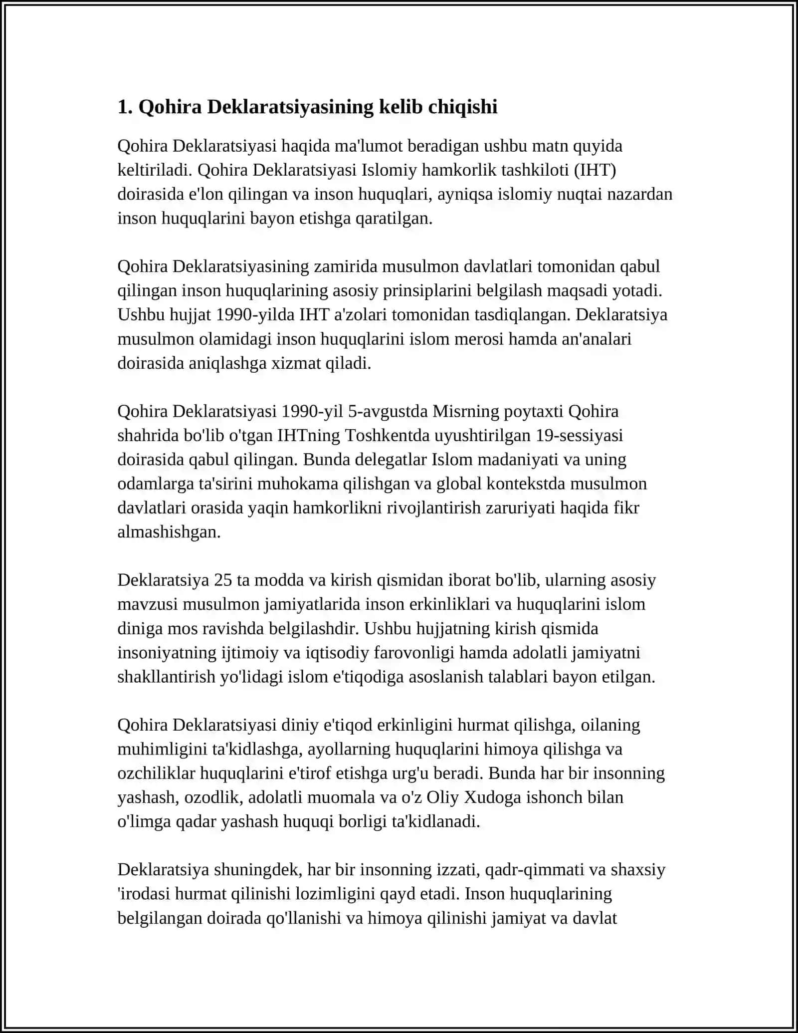 QOHIRA DEKLARATSIYASI TARIXI VA MAZMUNI BORASIDA TAXLIL MAQOLA TAYYORLASH 4