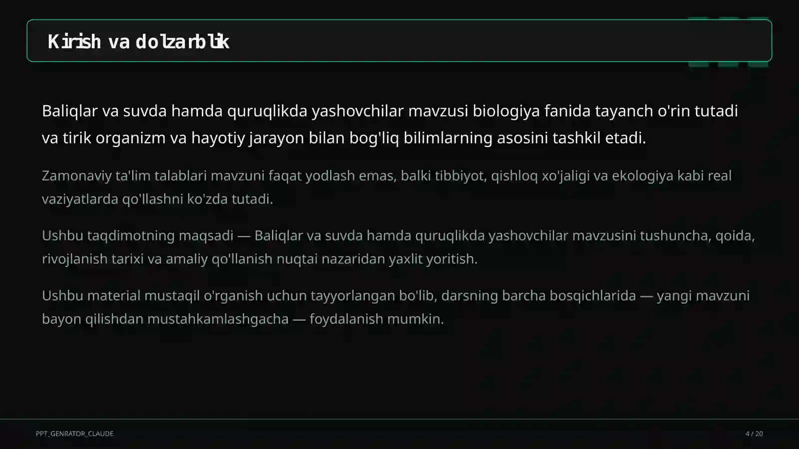 Baliqlar va suvda hamda quruqlikda yashovchilar (7-sinf) 4