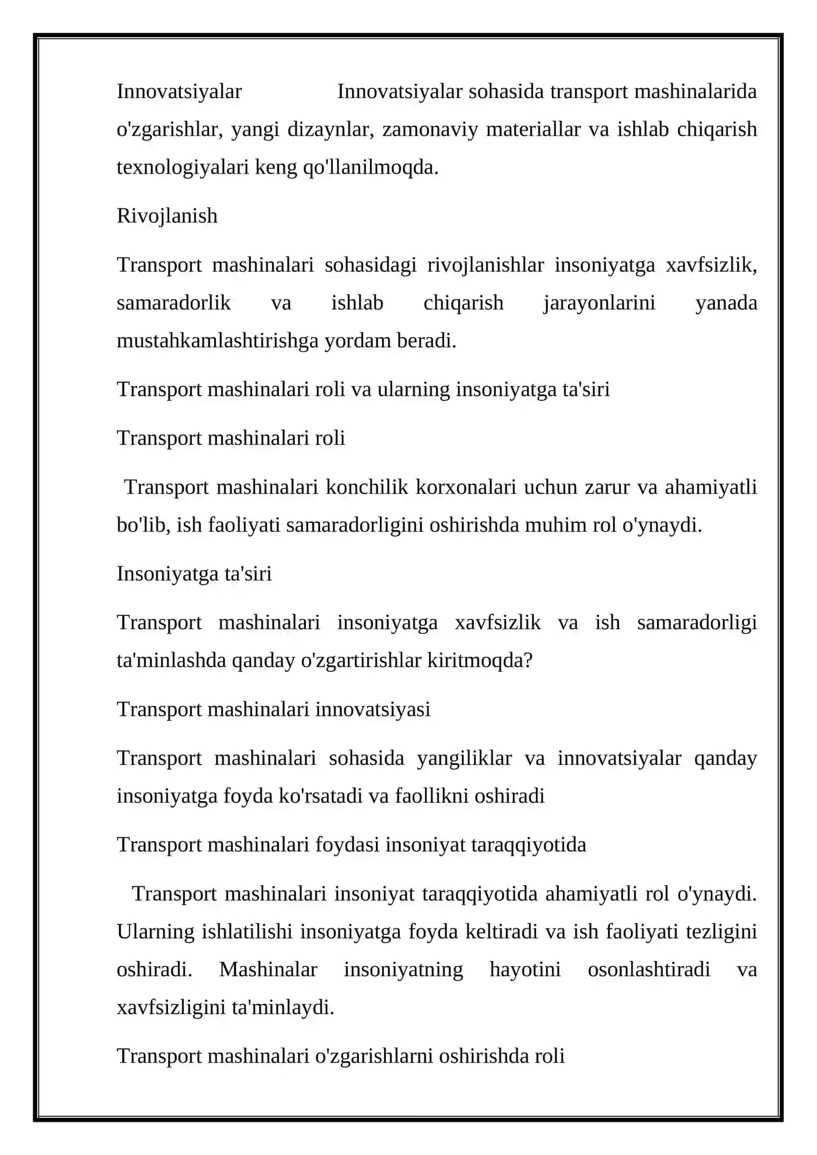 Konchilik korxonalrida ishlaydigan transport mashinalari turlari.Transport mashinalarning umumiy tasnifi 4