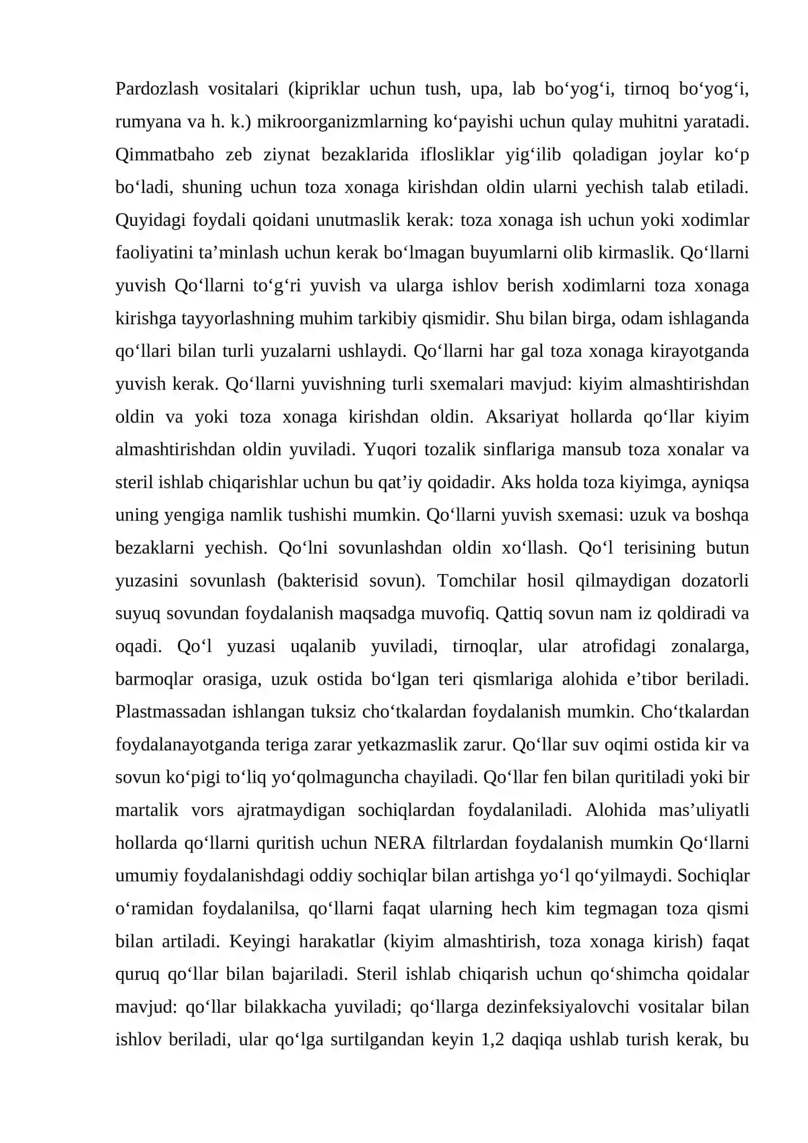 Kimyo-farmatsevtika korxonalarida tozza xonalarga va ishchi xodimlar kiyimlariga qo’yiladigan gigiyenik talablar 4