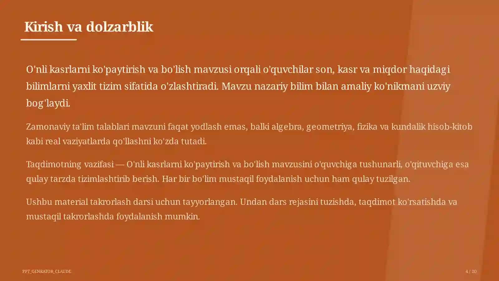 O'nli kasrlarni ko'paytirish va bo'lish (5-sinf) 4