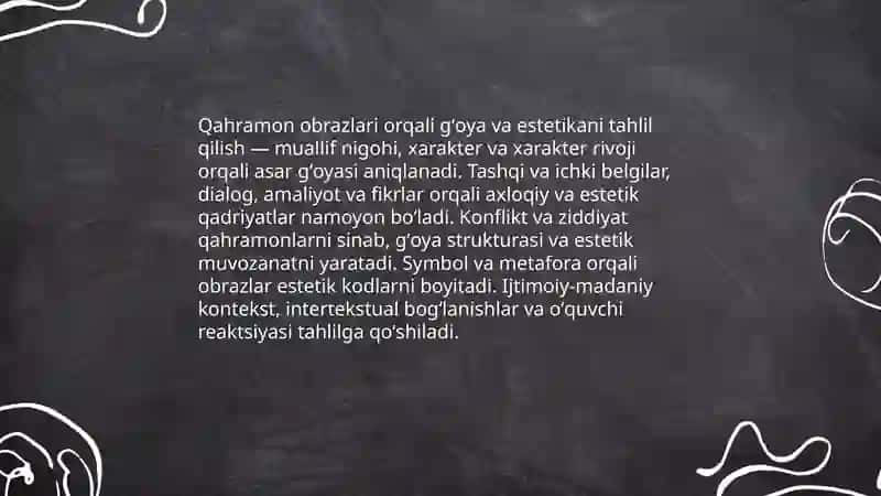 Tanlangan badiiy asarlarni estetika gʻoyaviy jihatdan tahlil qilish 4